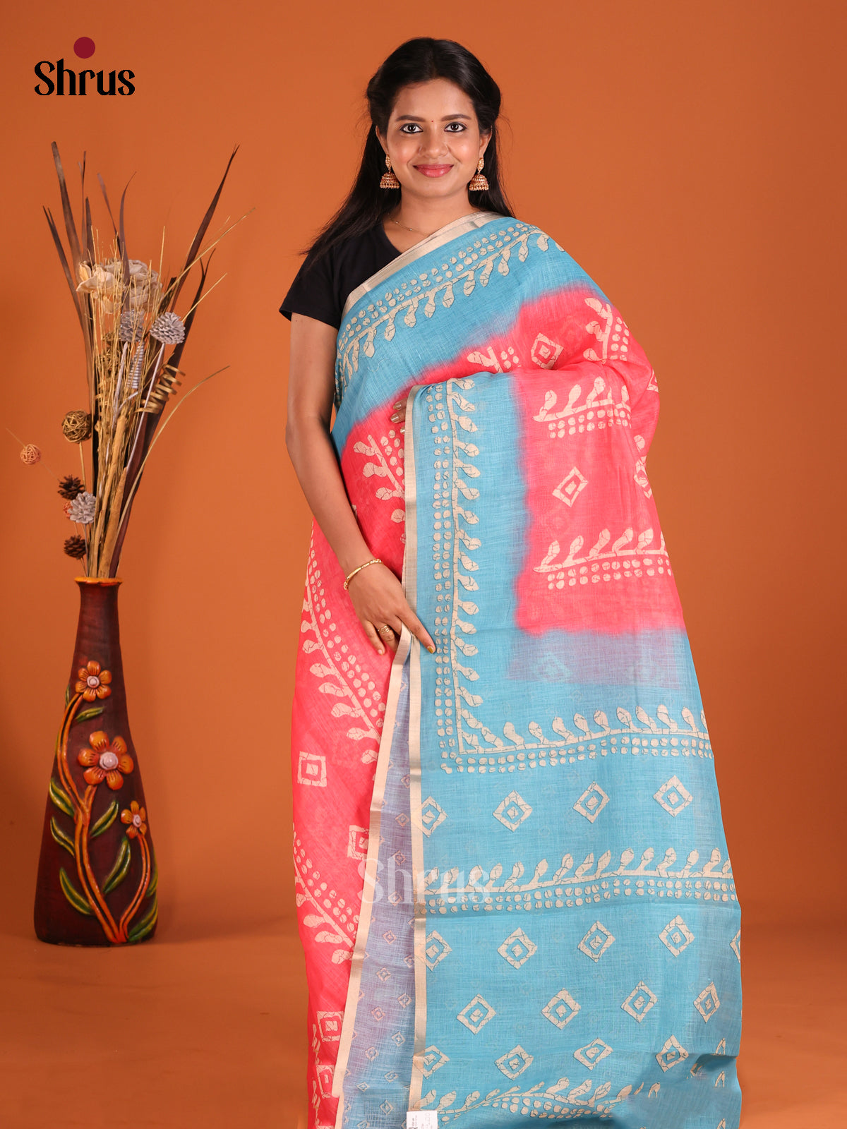 Pink & Blue- Linen Cotton Saree