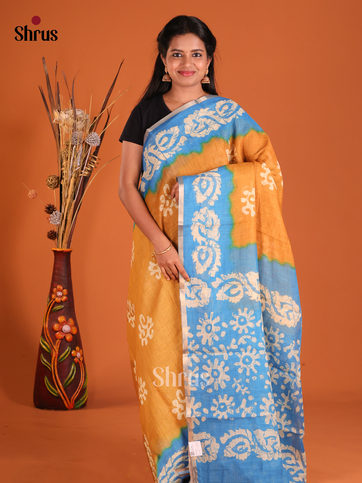 Mustard & Blue - Linen Cotton Saree - Shop on Shrus.com