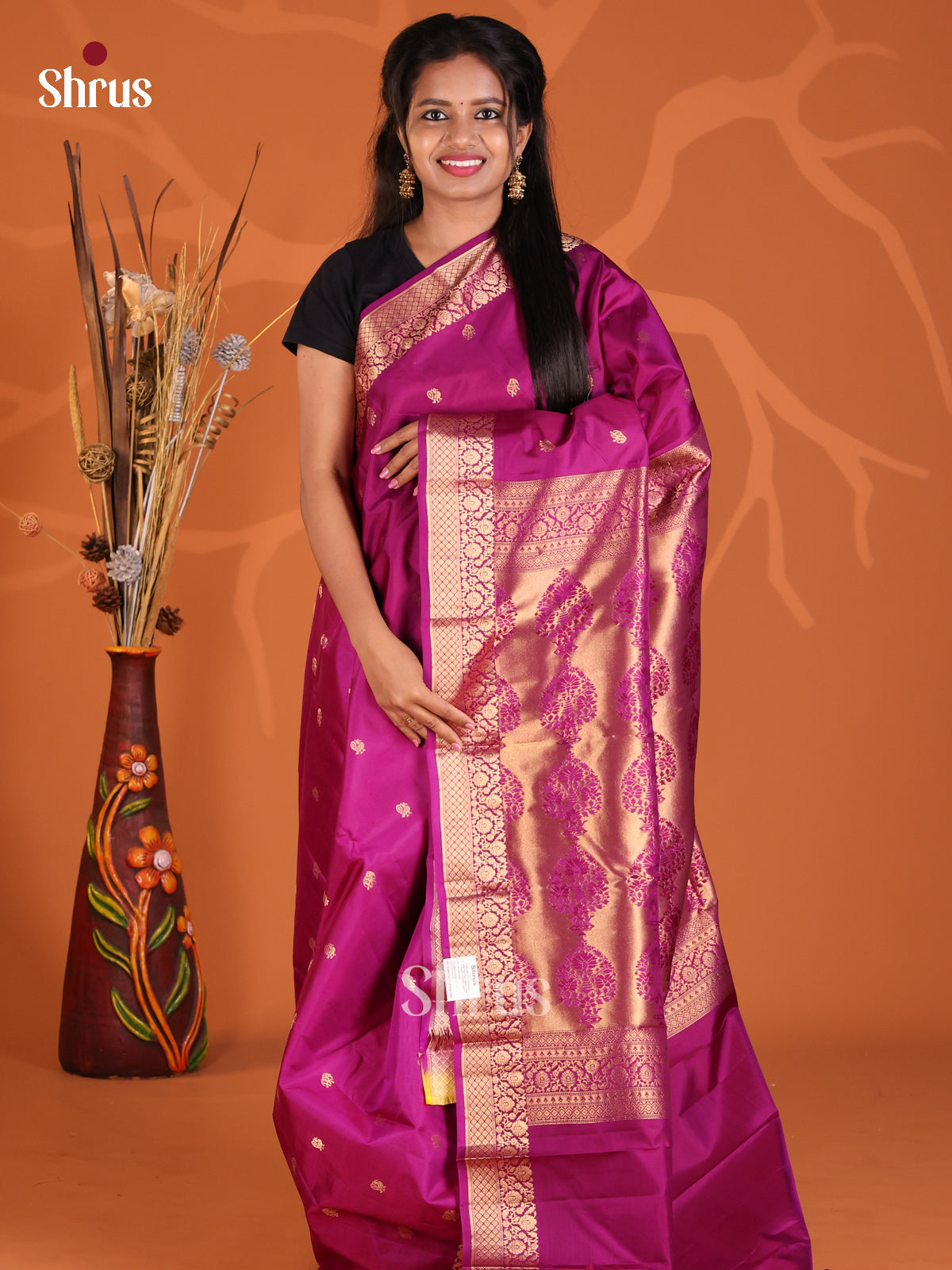 Beautiful Purple Single tone Kanchipuram Silk Saree gleams with gold zari floral buttas-1