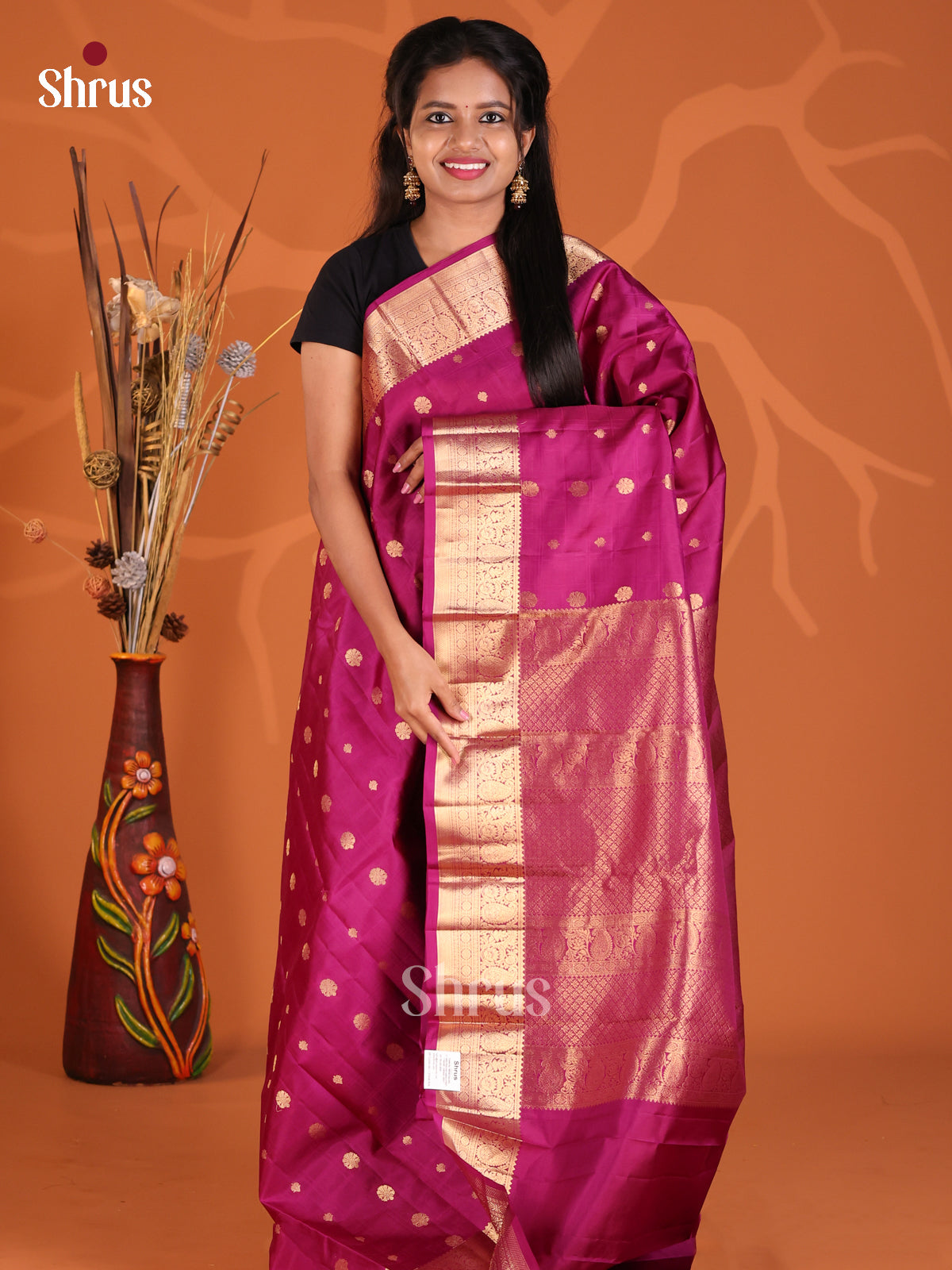 Beautiful Purple Single tone Kanchipuram Silk Saree blooms with gold zari floral buttas-1
