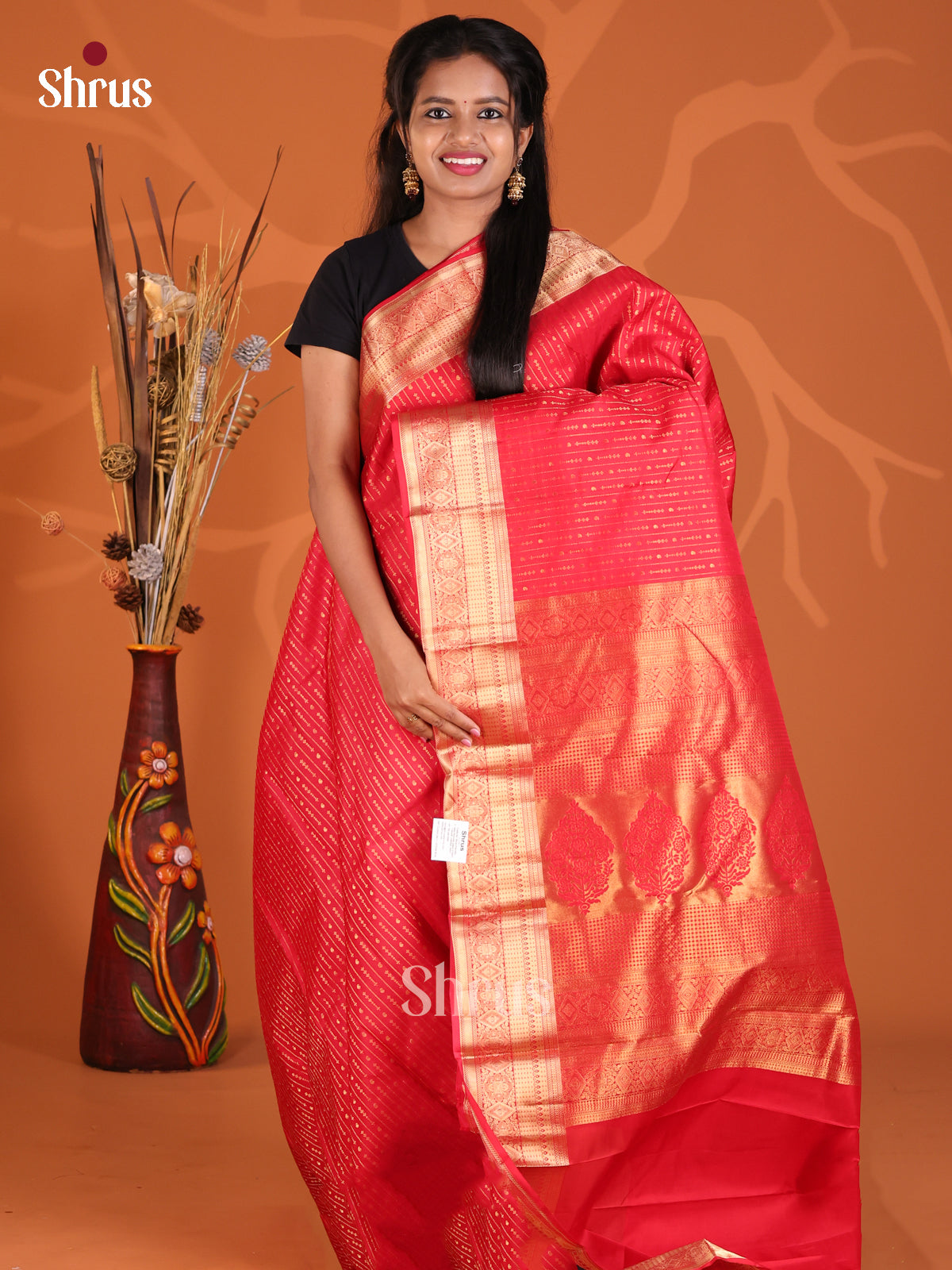 Elegant Red Single Tone Kanchipuram Silk saree with zari stripes, buttas-1