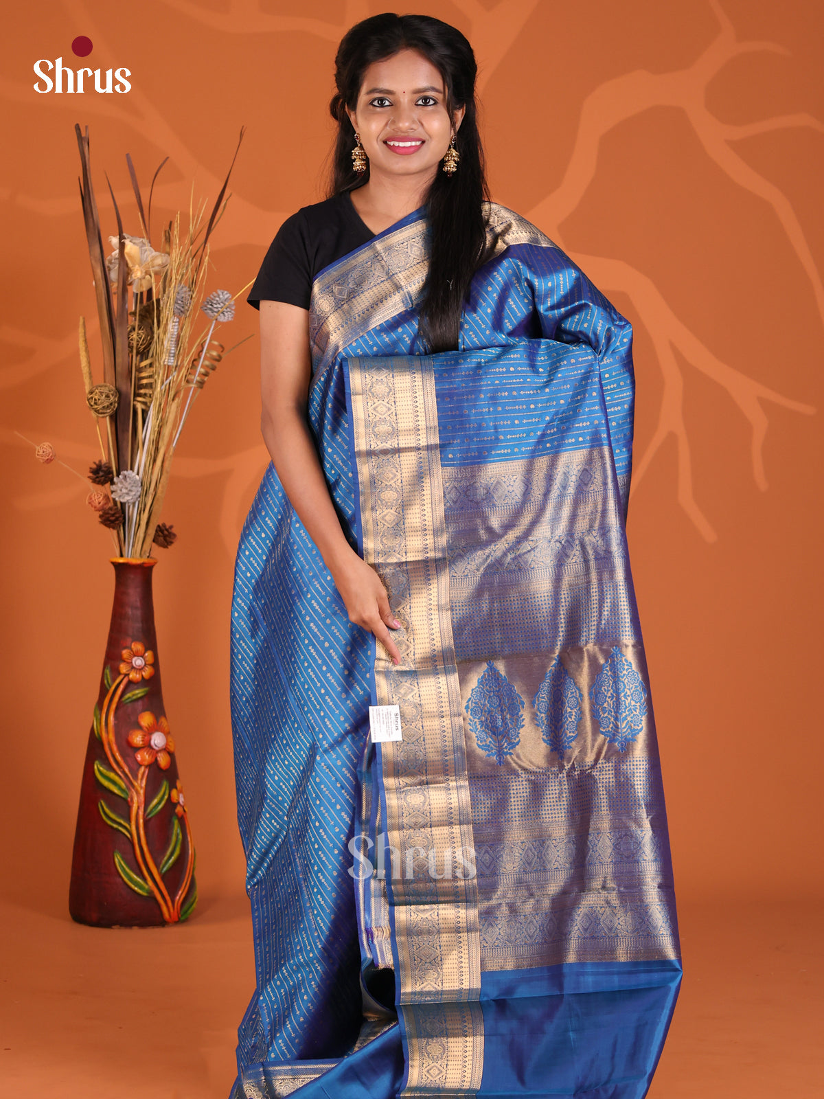 Vibrant Blue Single tone Kanchipuram Silk saree with zari buttas , stripes-1