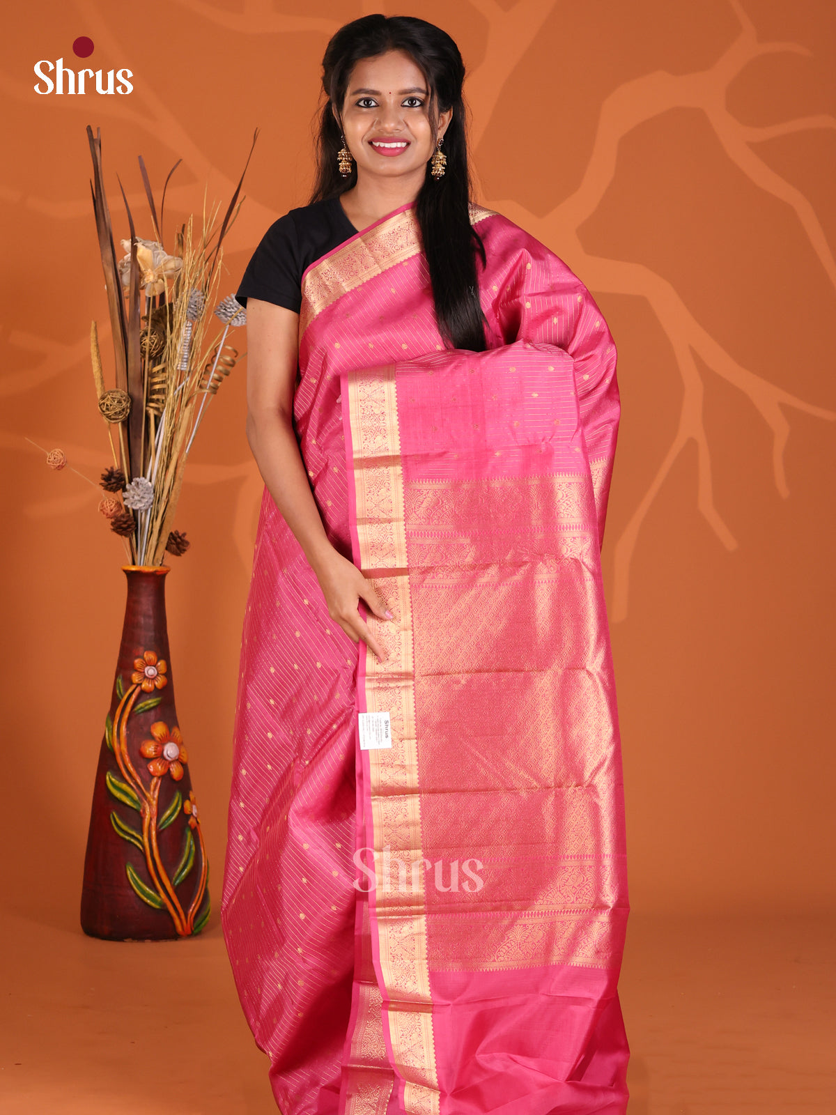 Charming Pink Single Tone Kanchipuram Silk Saree with zari stripes , buttas-1