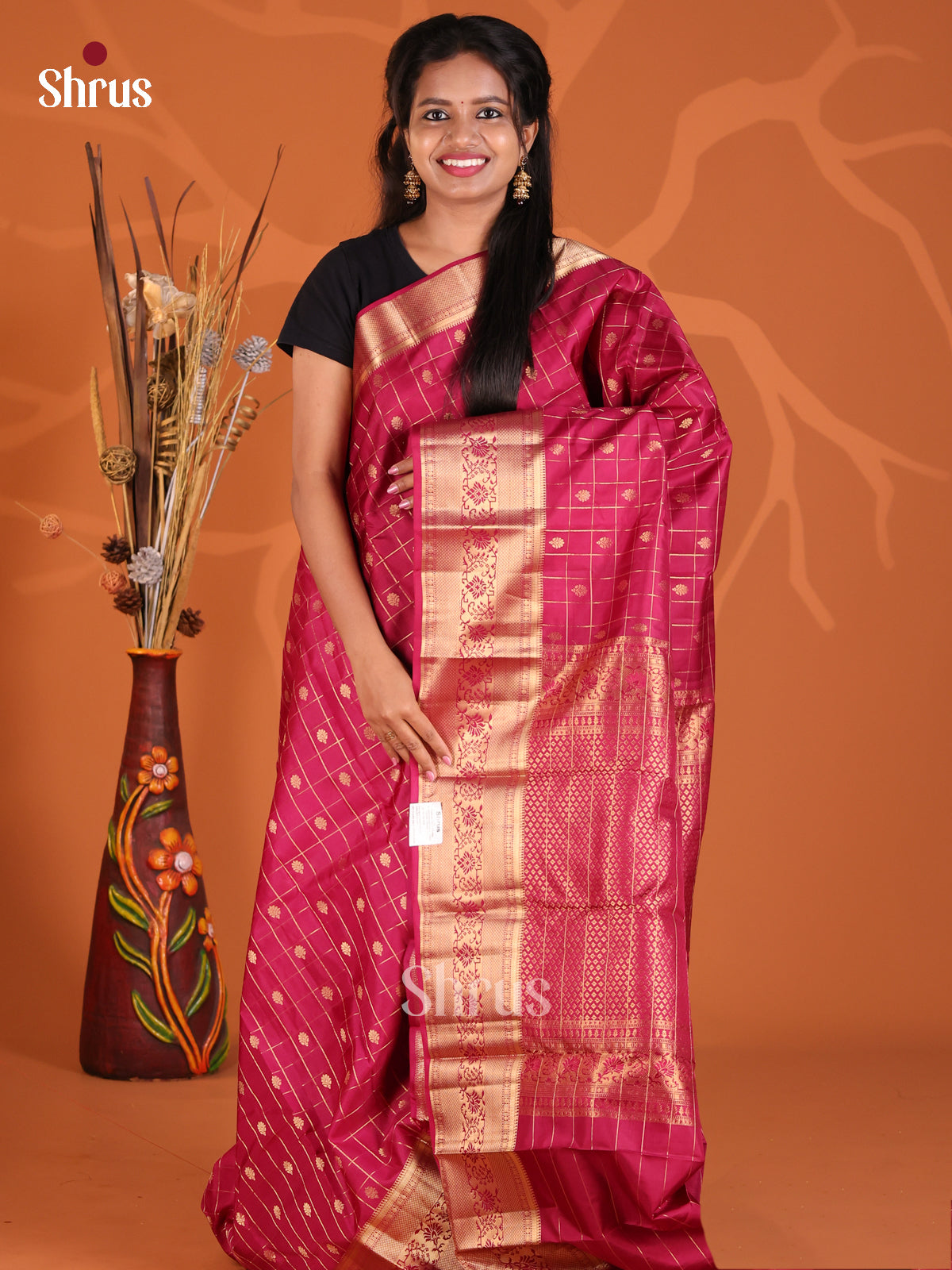 Stunning Maroon Kanchipuram Silk Saree with zari checks , buttas - Shop on Shrus.com