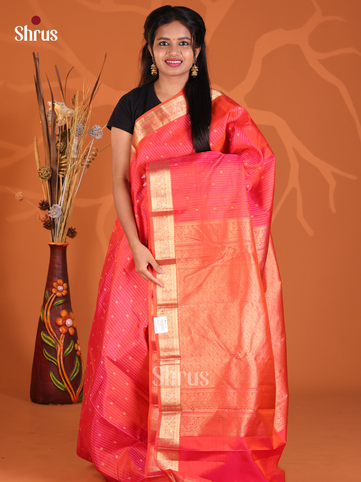 Shimmery Orangish Pink Kanchipuram Silk Saree with zari stripes , buttas - Shop on Shrus.com