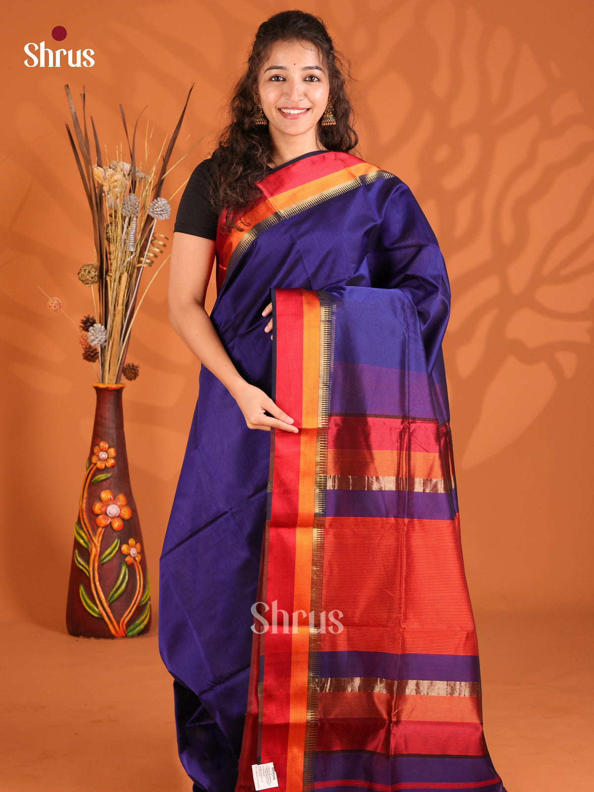 Blue & Red - Maheshwari silkcotton Saree