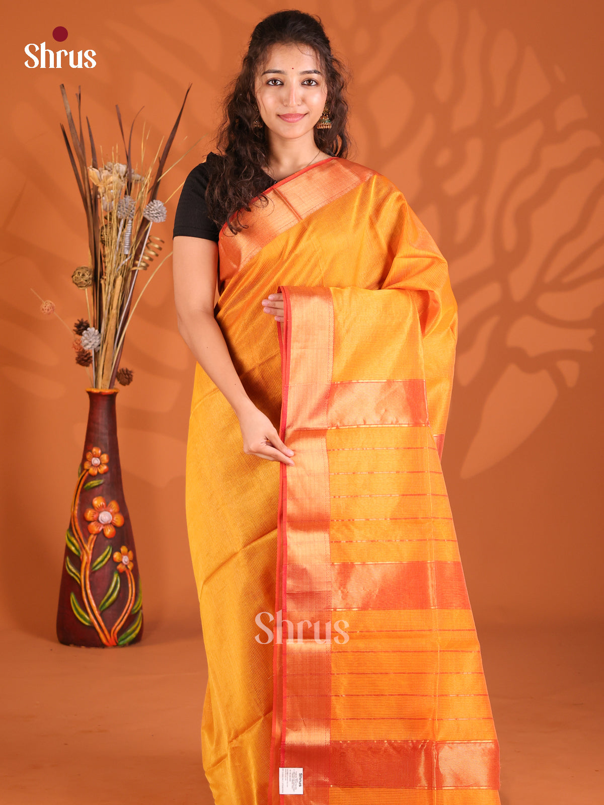 Mustard & Orange - Maheshwari silkcotton Saree - Shop on Shrus.com