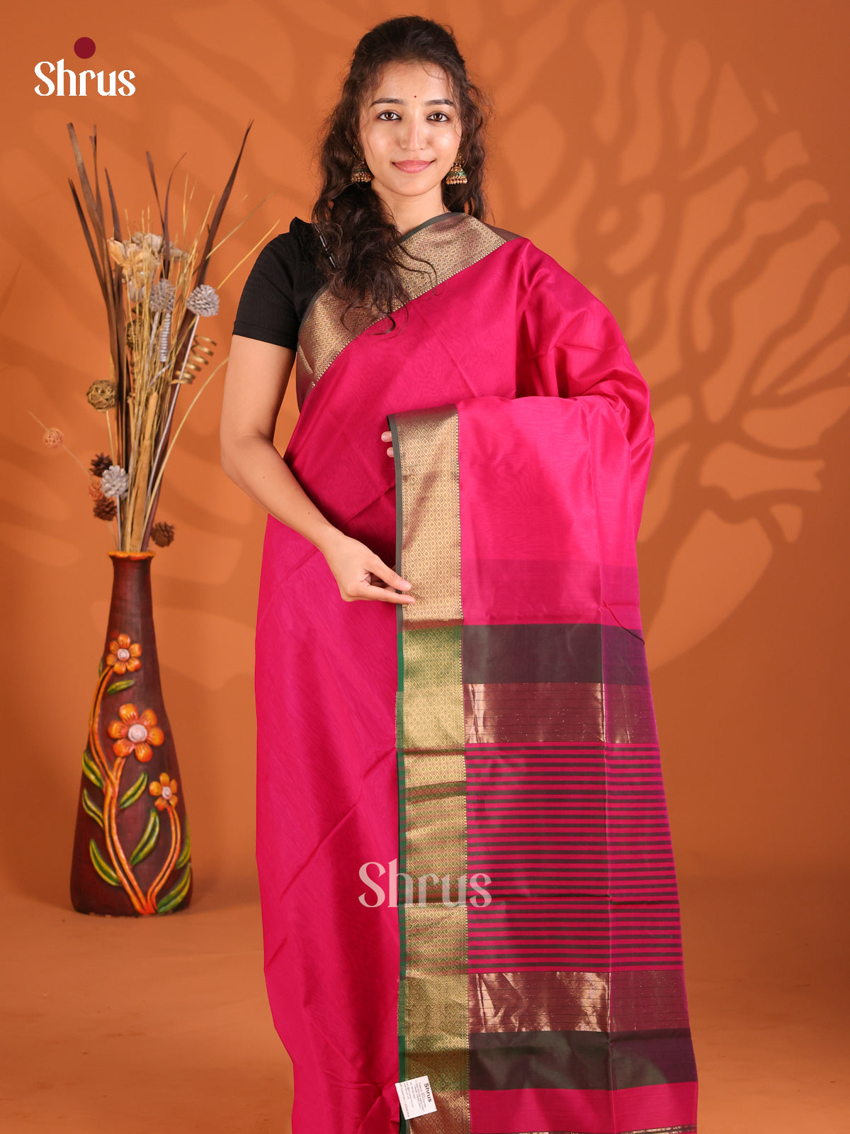Rani Pink & Green - Maheshwari silkcotton Saree