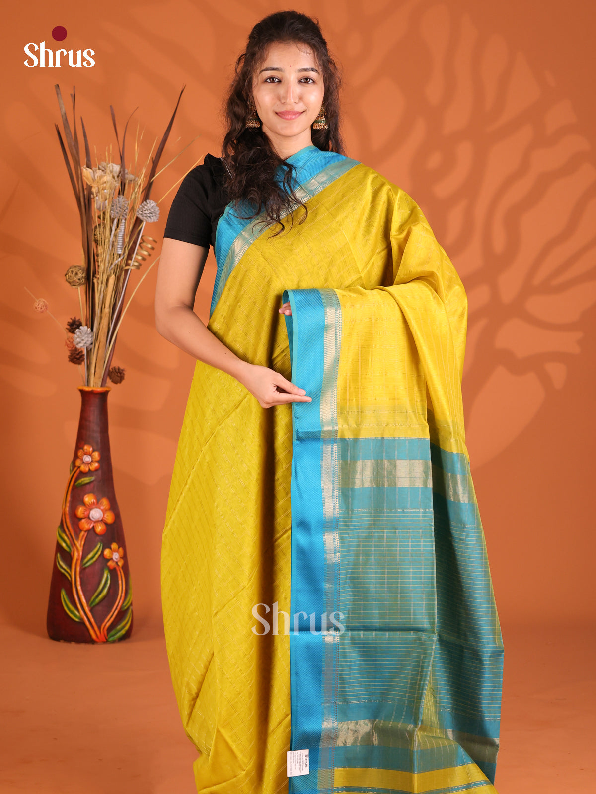Yellow & Blue - Maheshwari silkcotton Saree - Shop on Shrus.com