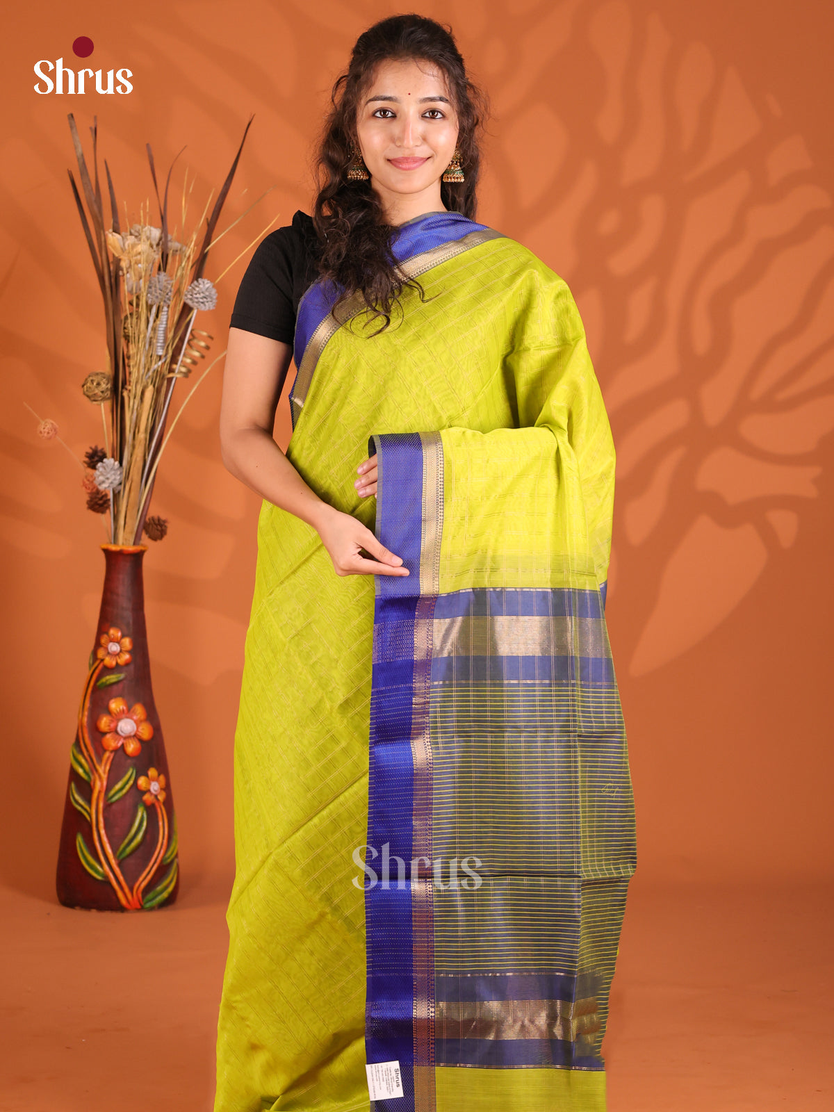 Lime Green & Blue - Maheshwari silkcotton Saree