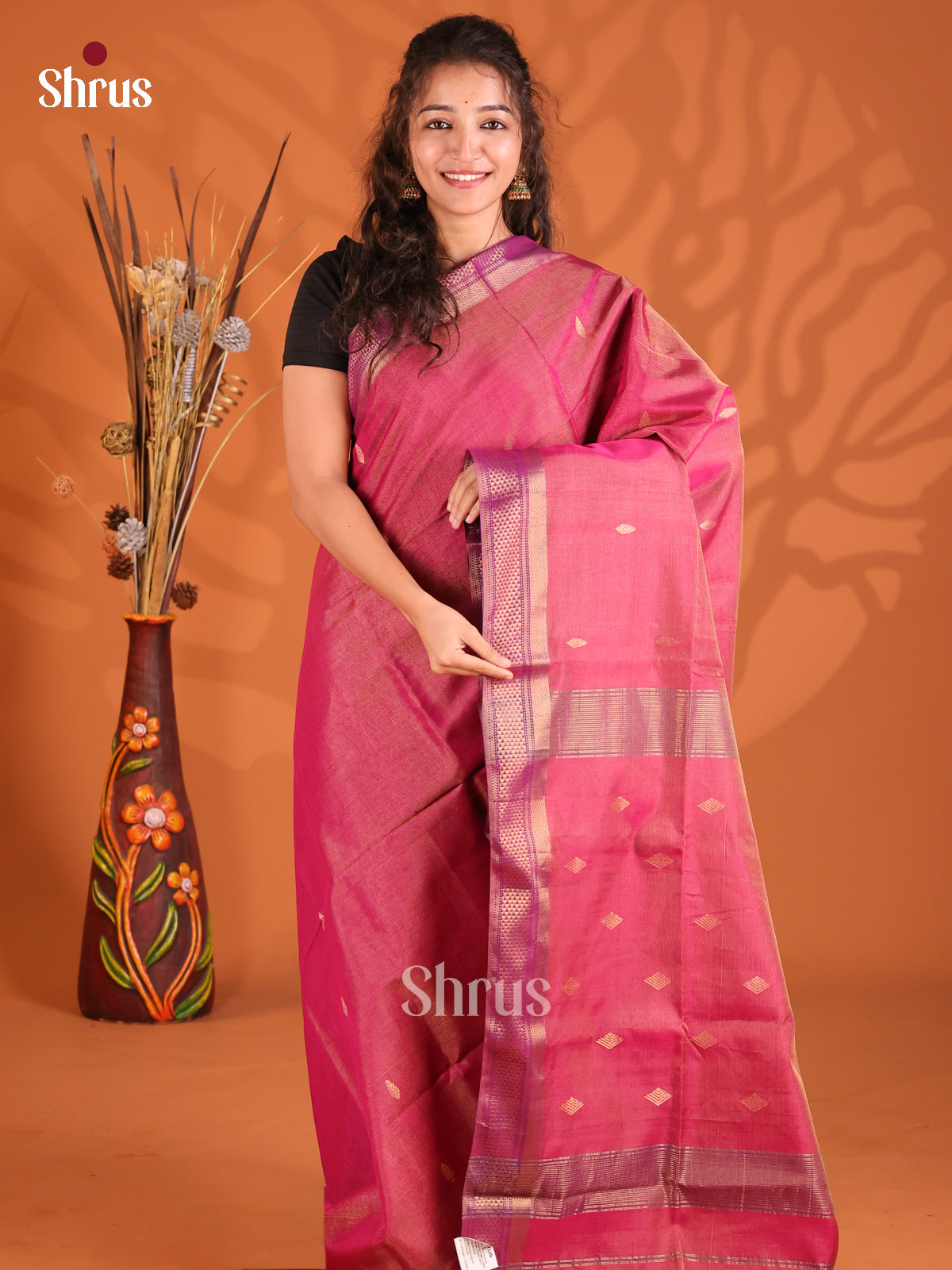 Pink & Purple - Maheshwari silkcotton Saree - Shop on Shrus.com