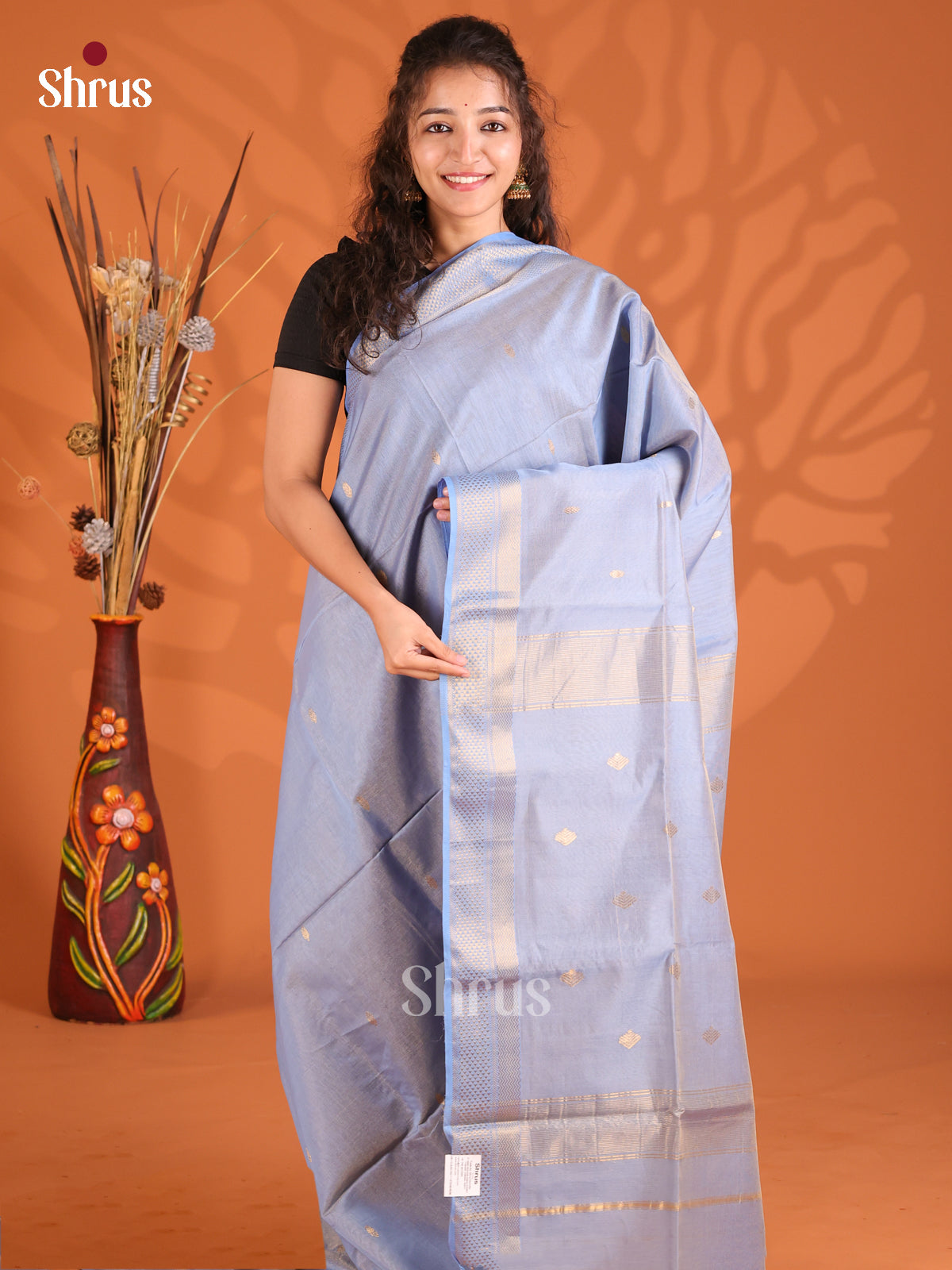 Powder Blue(Single Tone) - Maheshwari silkcotton Saree - Shop on Shrus.com