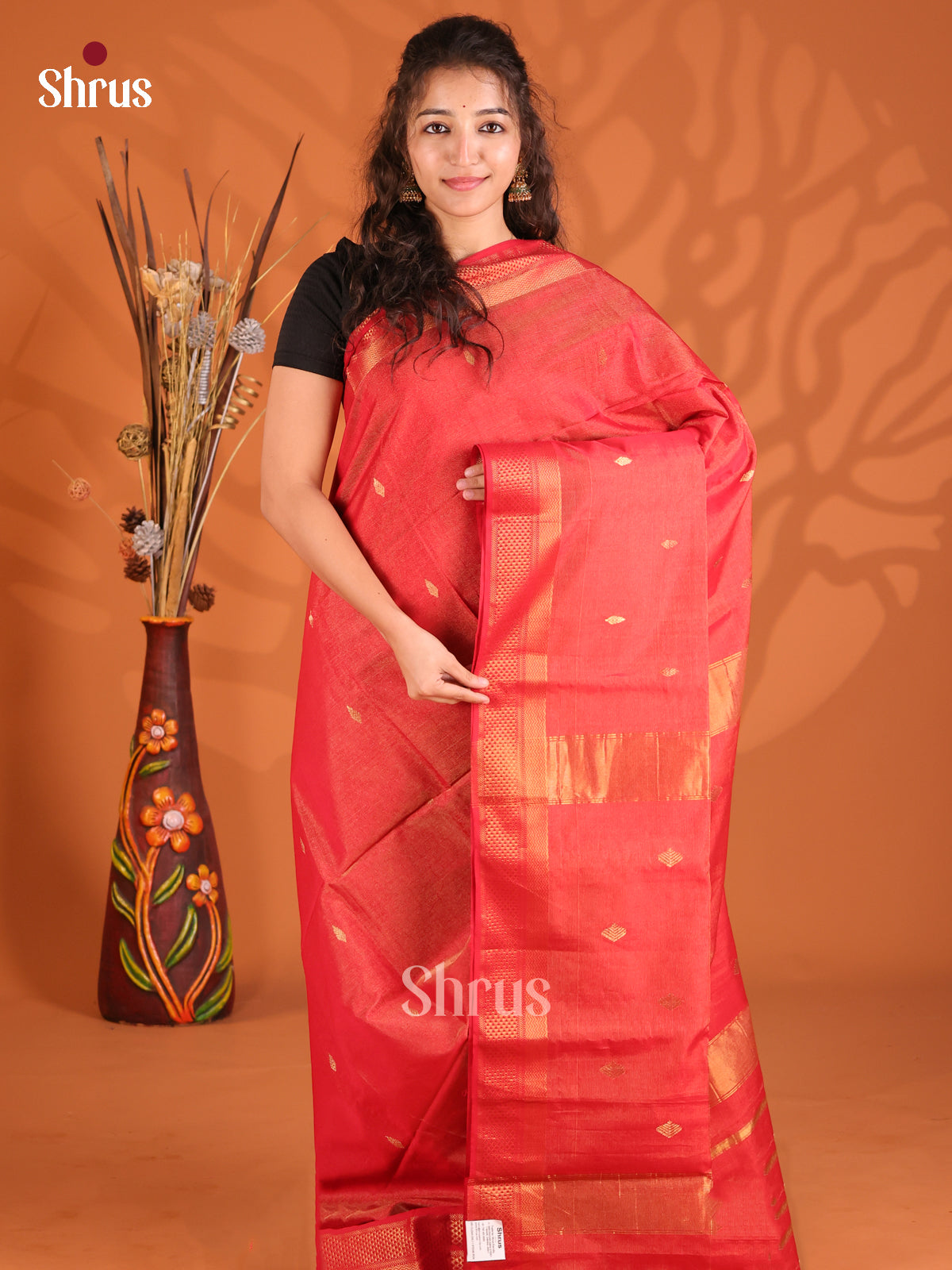Red(Single Tone) - Maheshwari silkcotton Saree