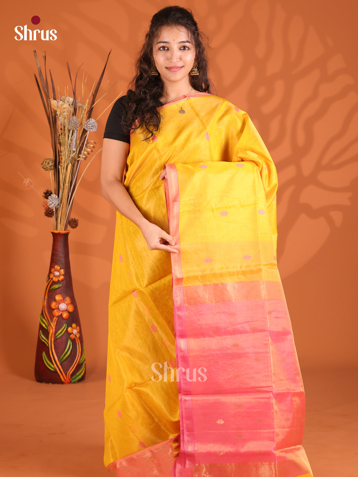 Yellow & Pink - Maheshwari silkcotton Saree - Shop on Shrus.com