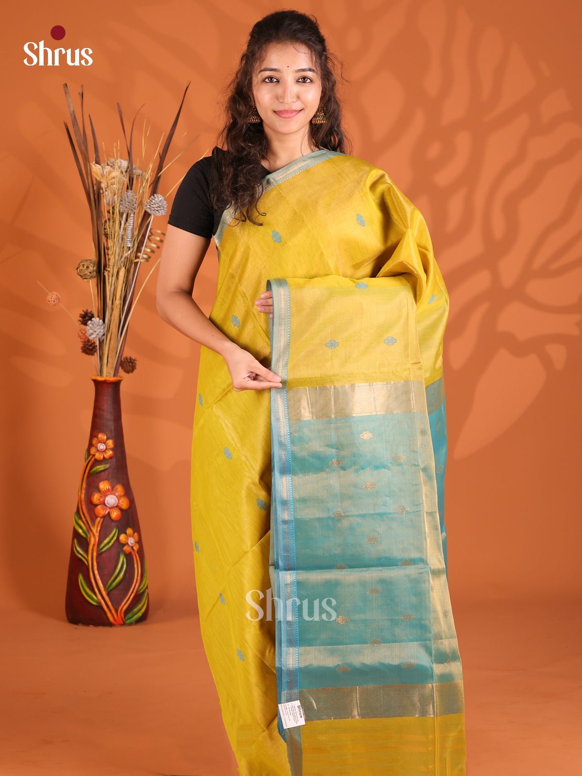 Yellow & Blue - Maheshwari silkcotton Saree