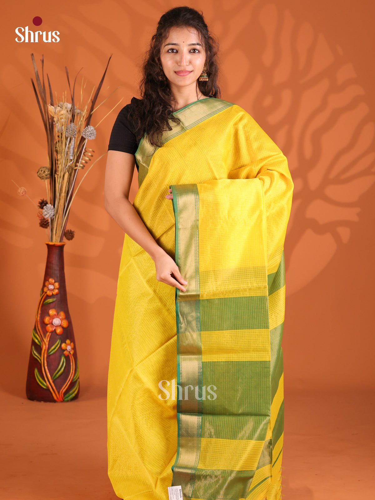 Yellow & Green - Maheshwari silkcotton Saree