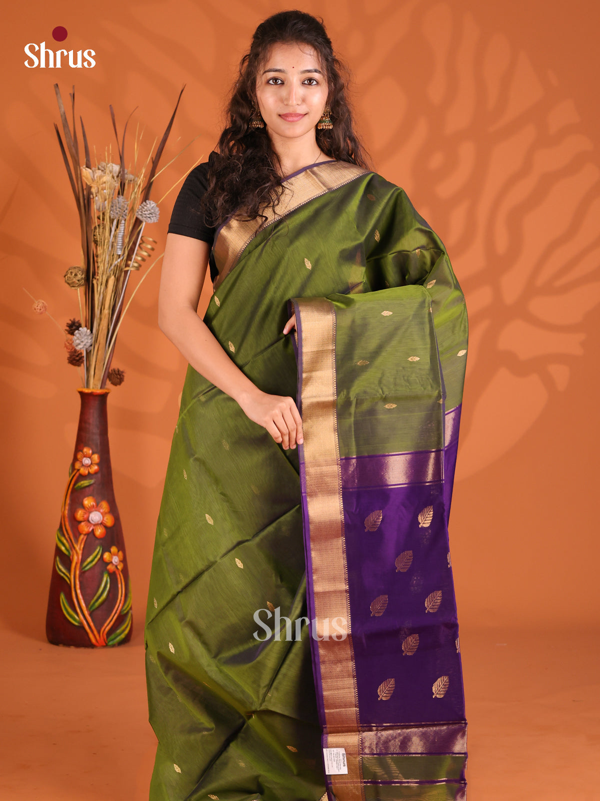 Green & Violet - Maheshwari silkcotton Saree - Shop on Shrus.com