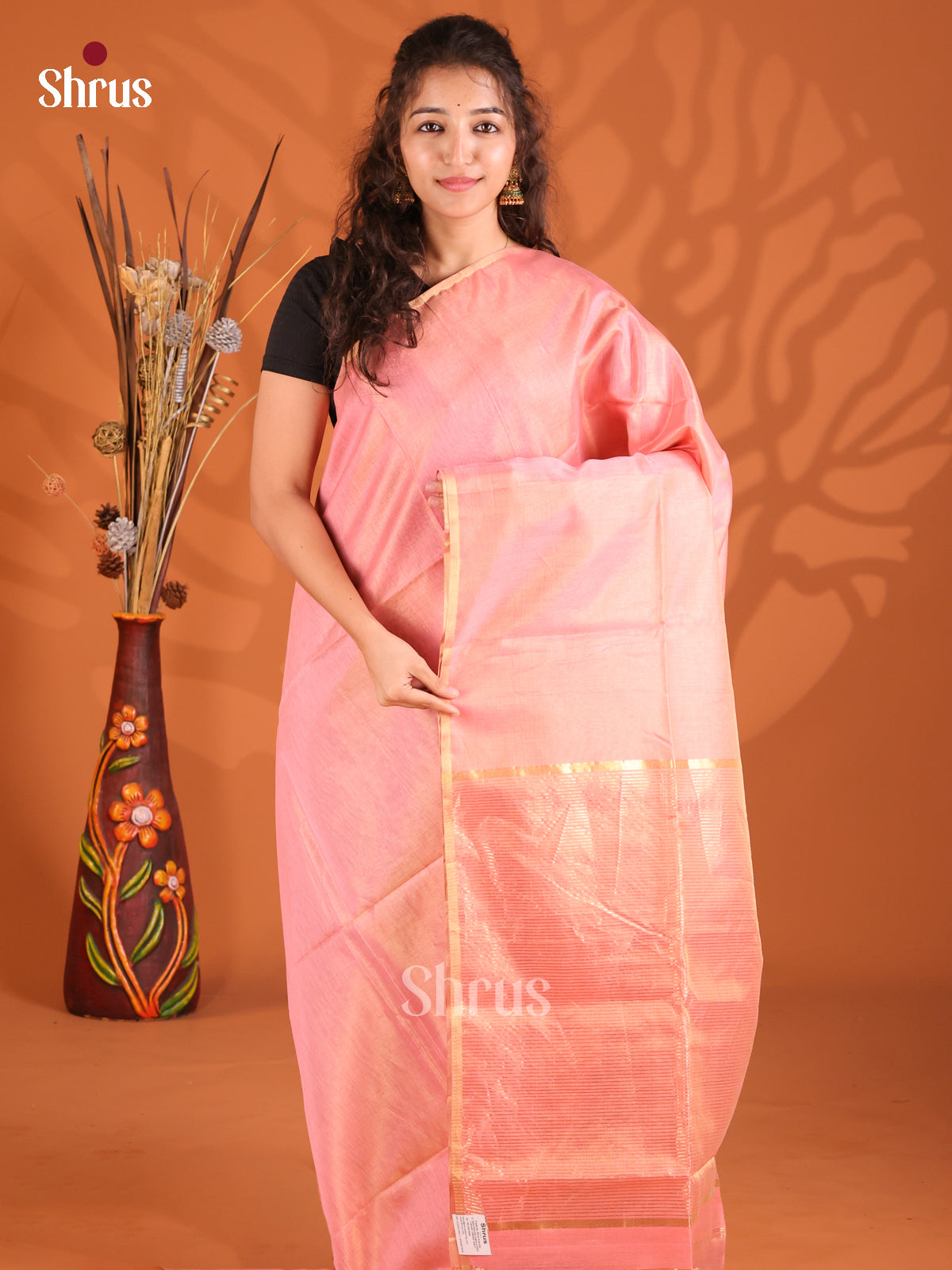 Pink(Single Tone) - Maheshwari silkcotton Saree - Shop on Shrus.com