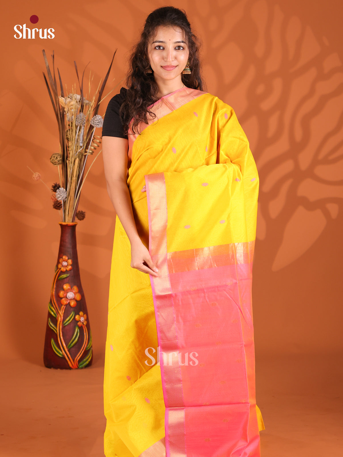 Yellow & Pink - Maheshwari silkcotton Saree