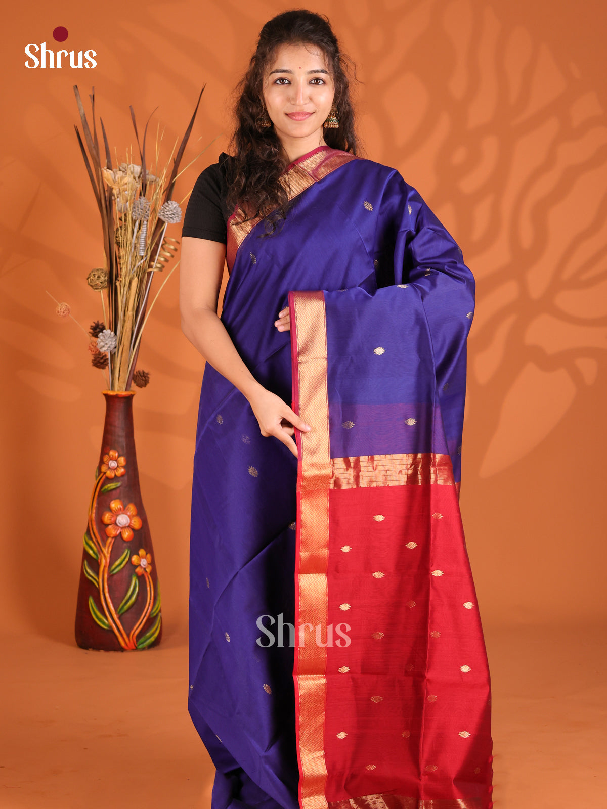 Blue & Red - Maheshwari silkcotton Saree