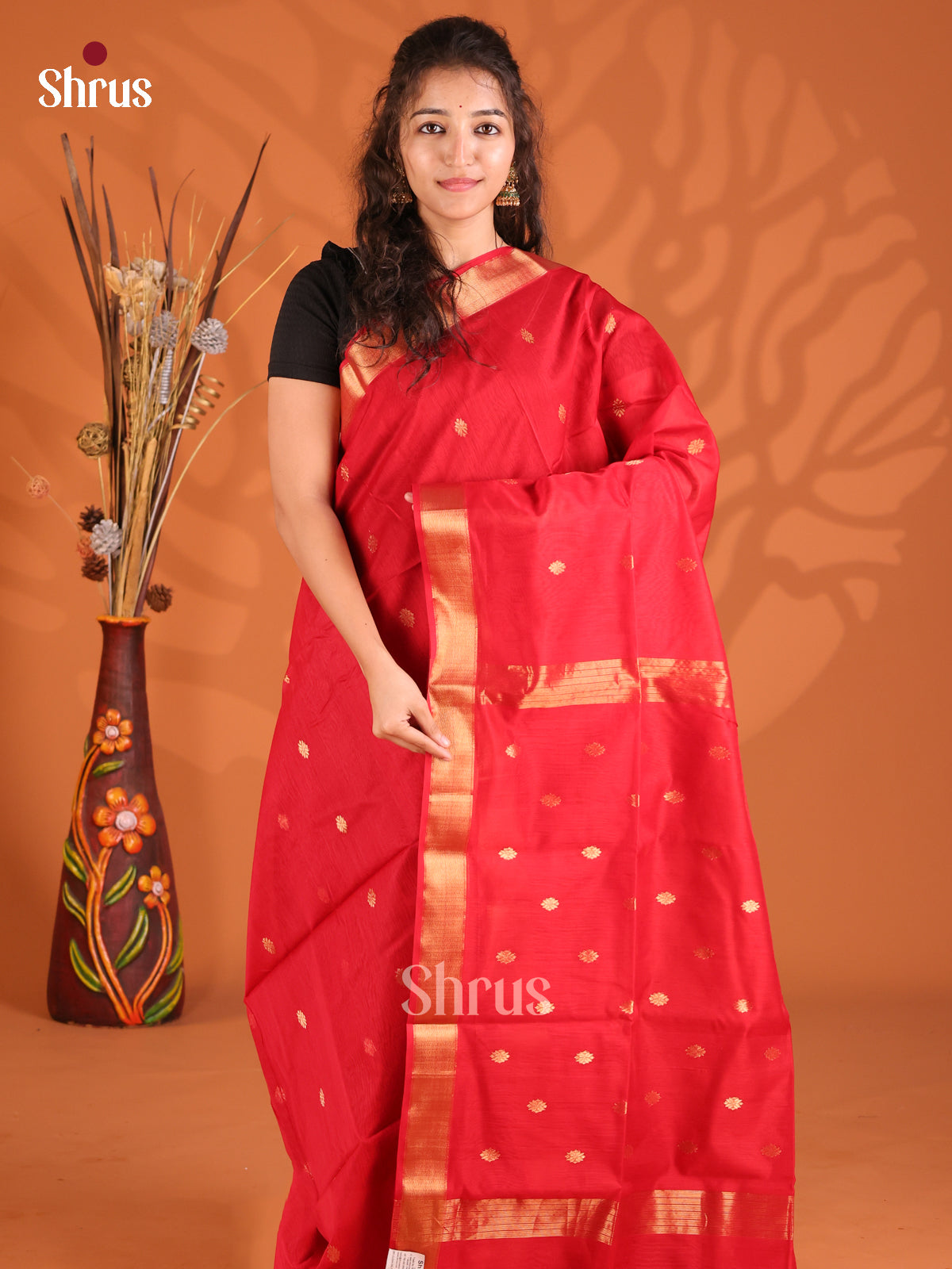 Red(Single Tone) - Maheshwari silkcotton Saree