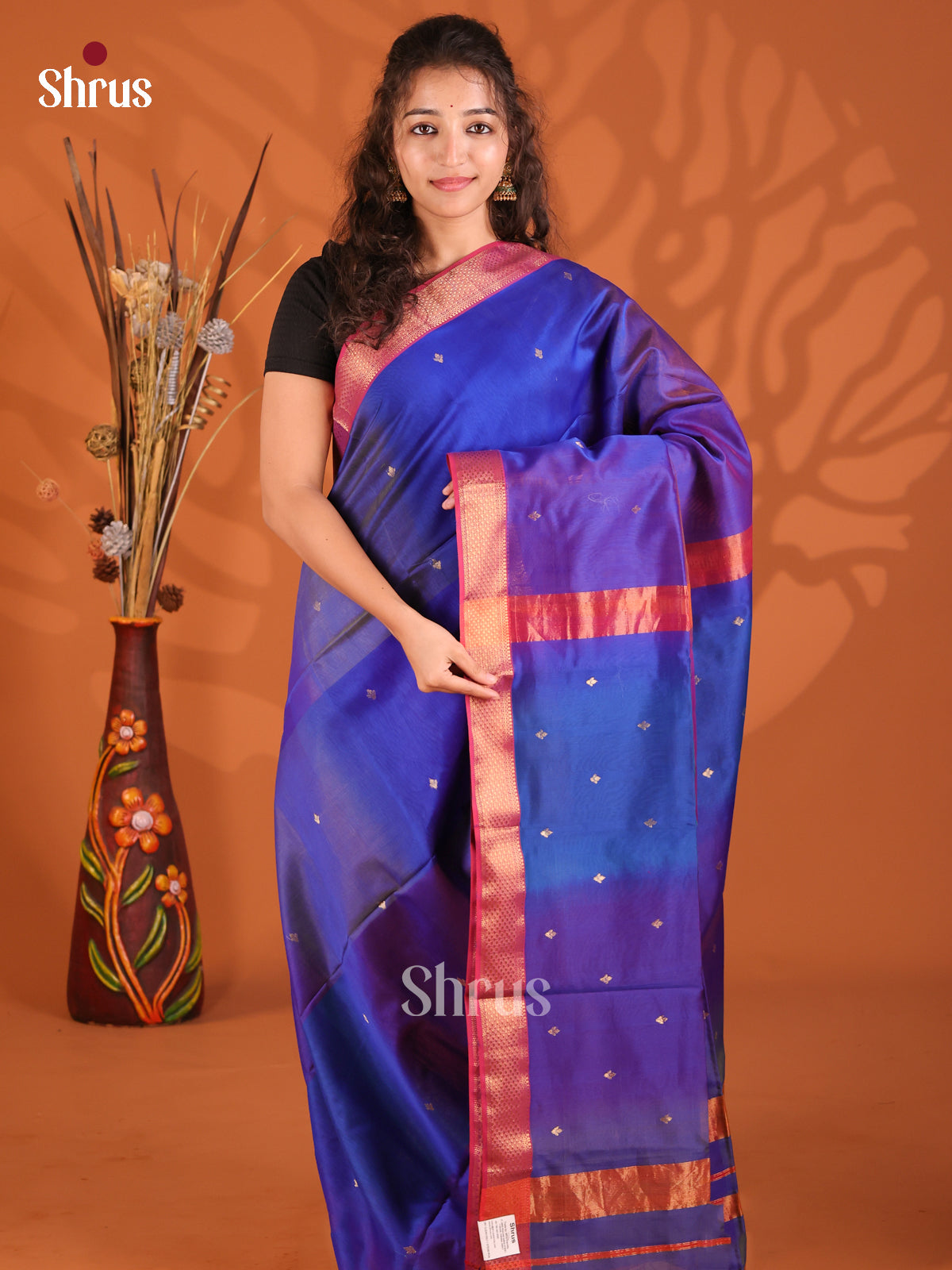 Blue & Red - Maheshwari silkcotton Saree