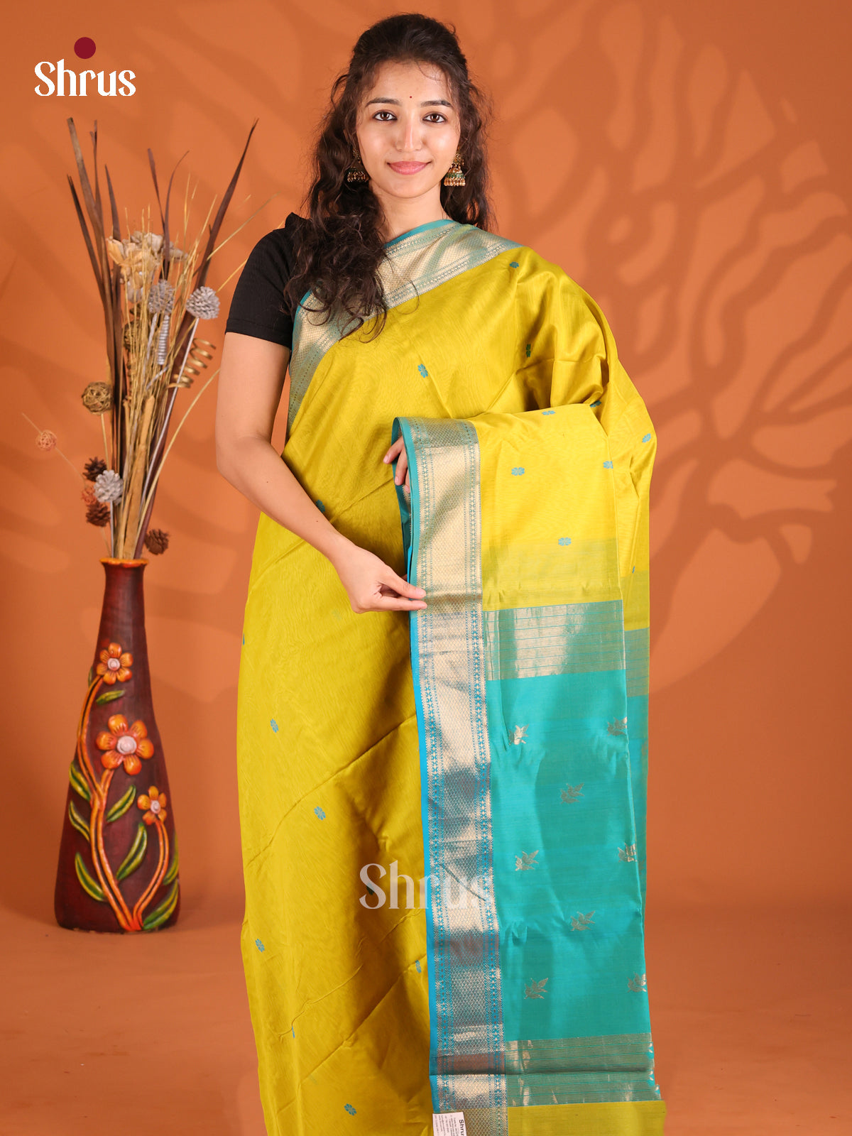 Yellow & Green - Maheshwari silkcotton Saree