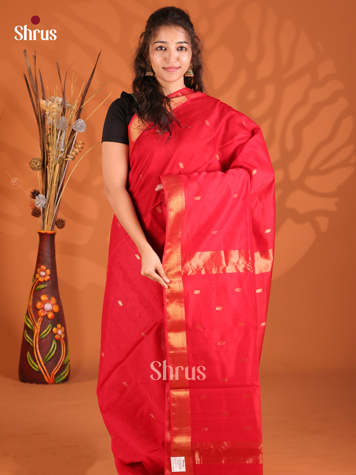 Red(Single Tone) - Maheshwari silkcotton Saree