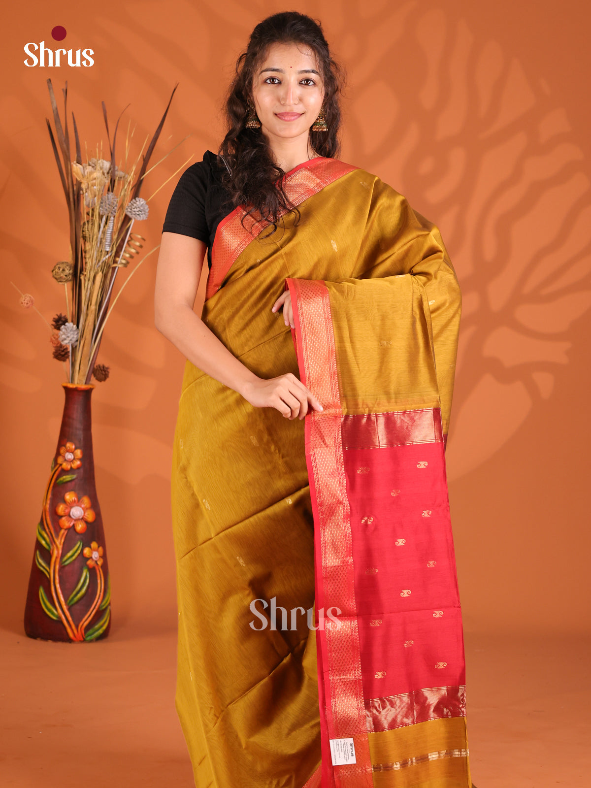 Mustard & Red - Maheshwari silkcotton Saree
