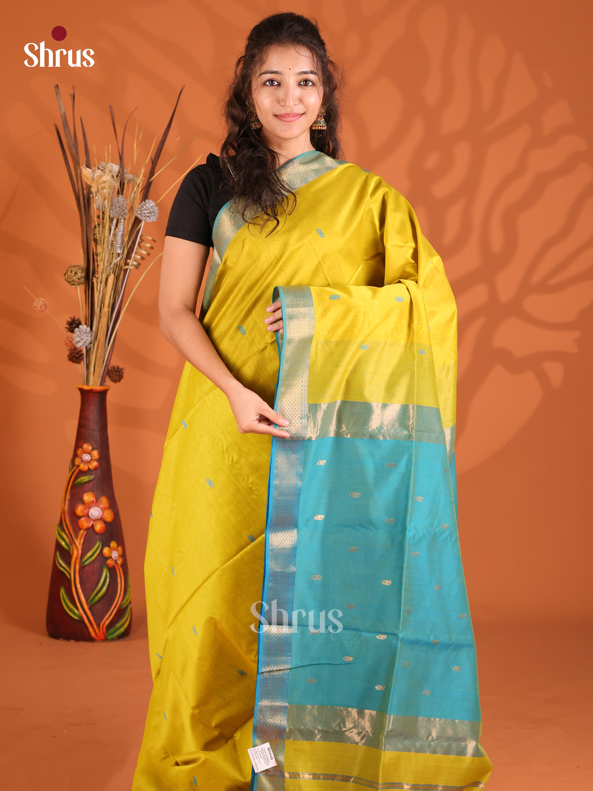 Yellow &Teal- Maheshwari silkcotton Saree - Shop on Shrus.com