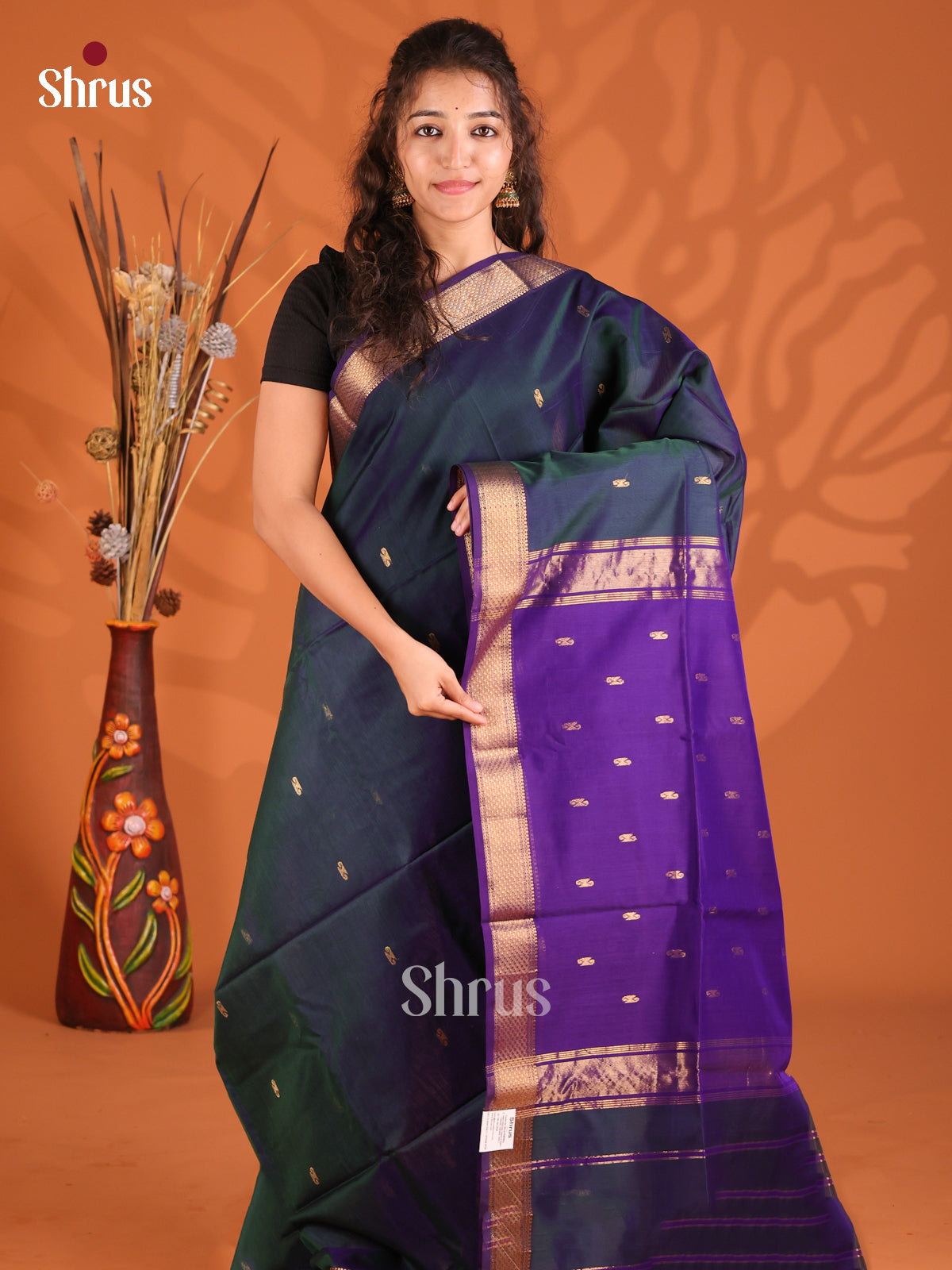 Peacock Blue & Violet - Maheshwari silkcotton Saree - Shop on Shrus.com
