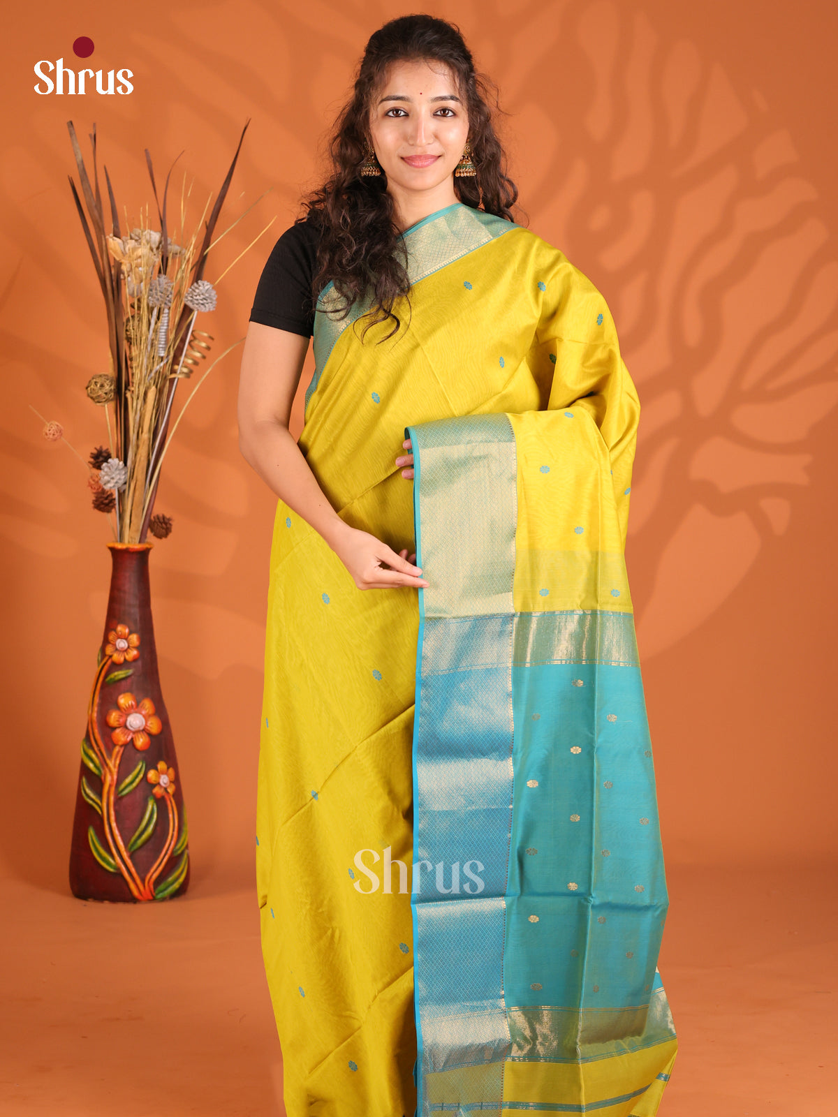 Yellow & Teal - Maheshwari silkcotton Saree