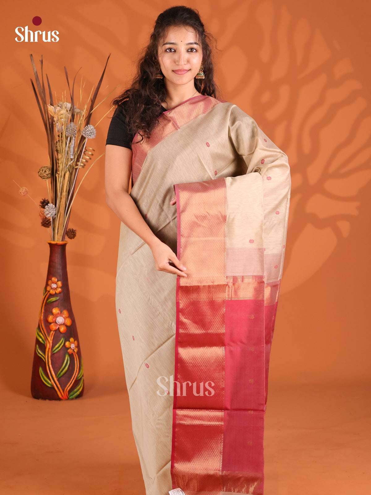 Grey & Maroon - Maheshwari silkcotton Saree