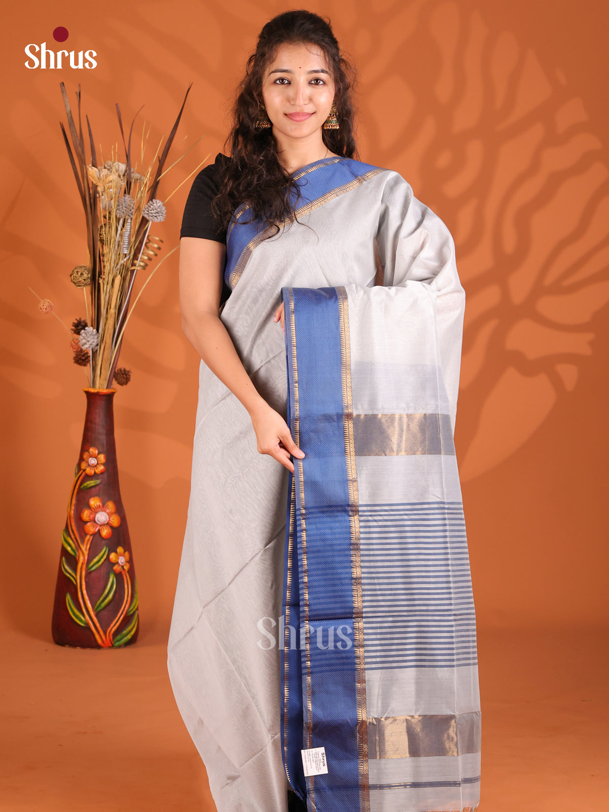 Grey & Blue- Maheshwari silkcotton Saree