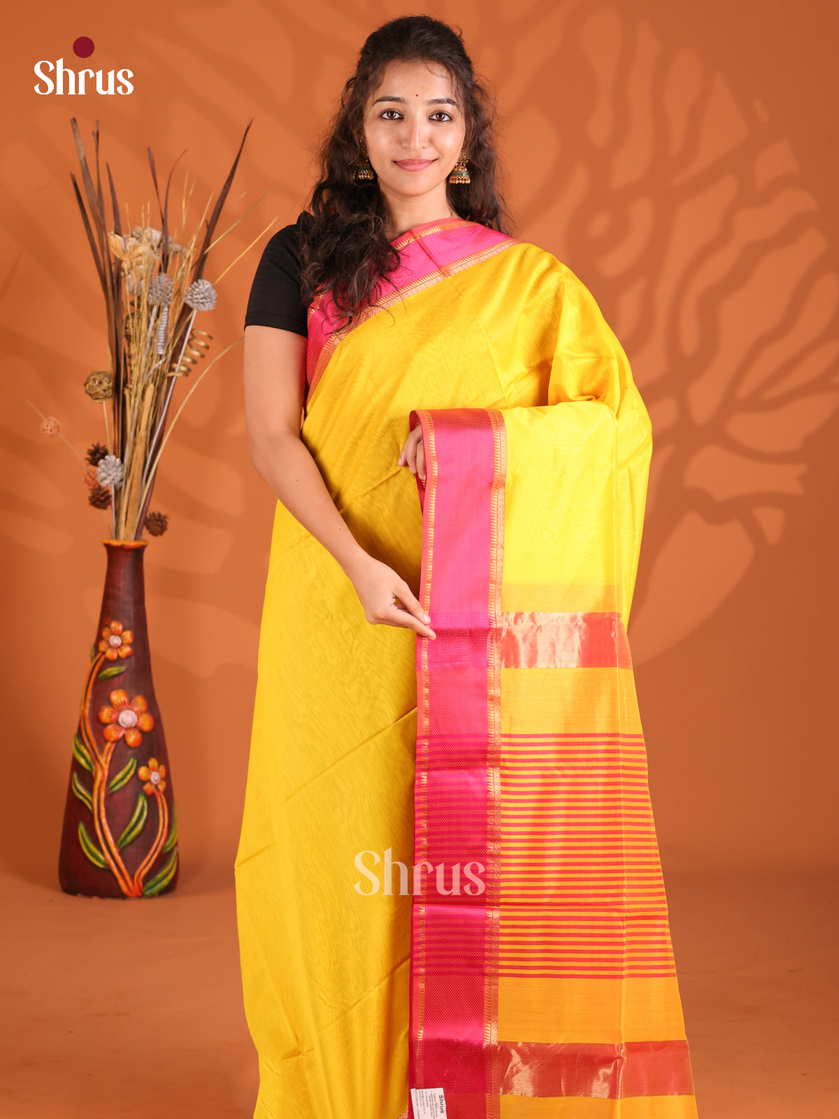 Yellow & Red Maheshwari silkcotton Saree