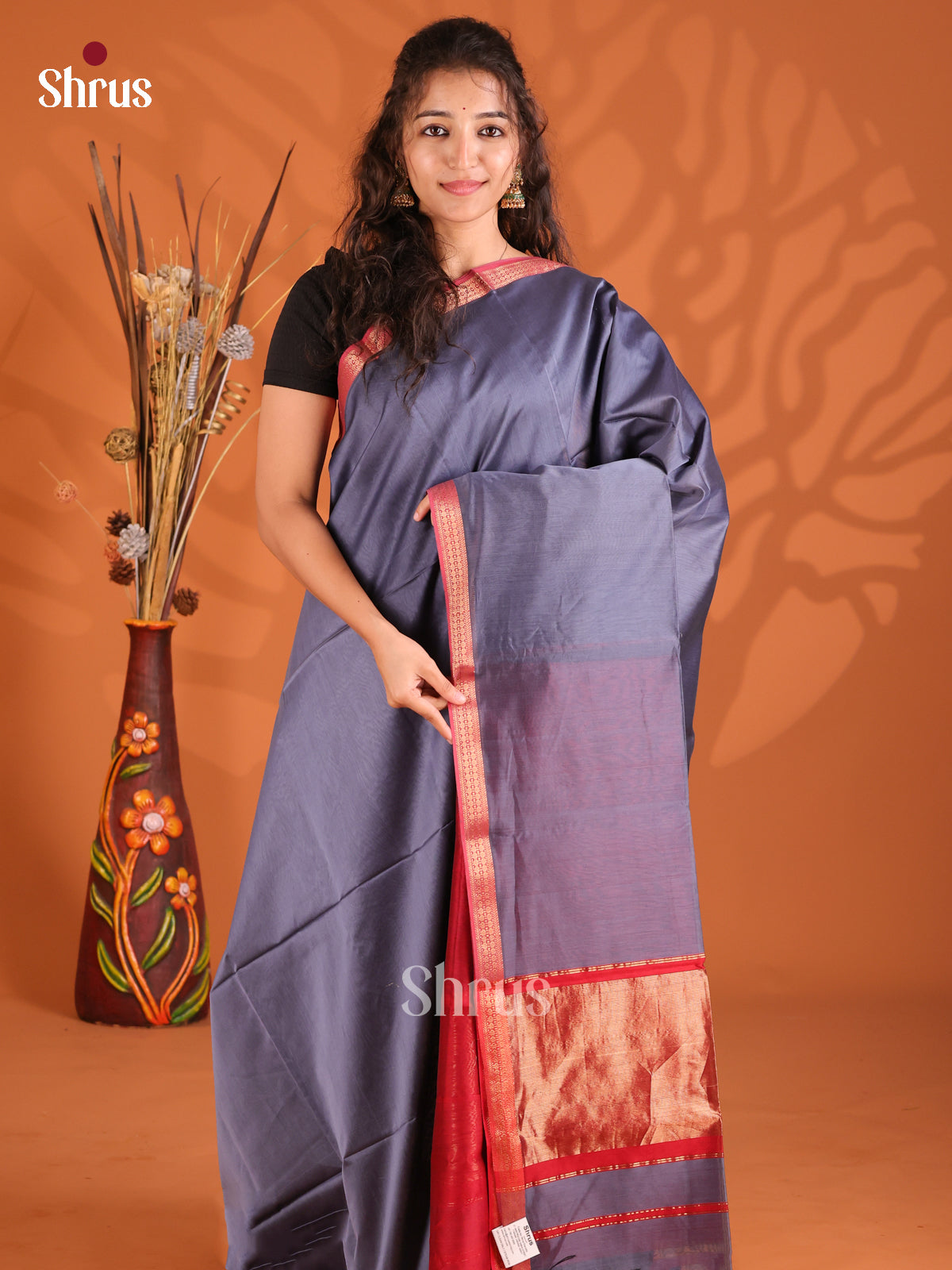 Blue & Red- Maheshwari silkcotton Saree