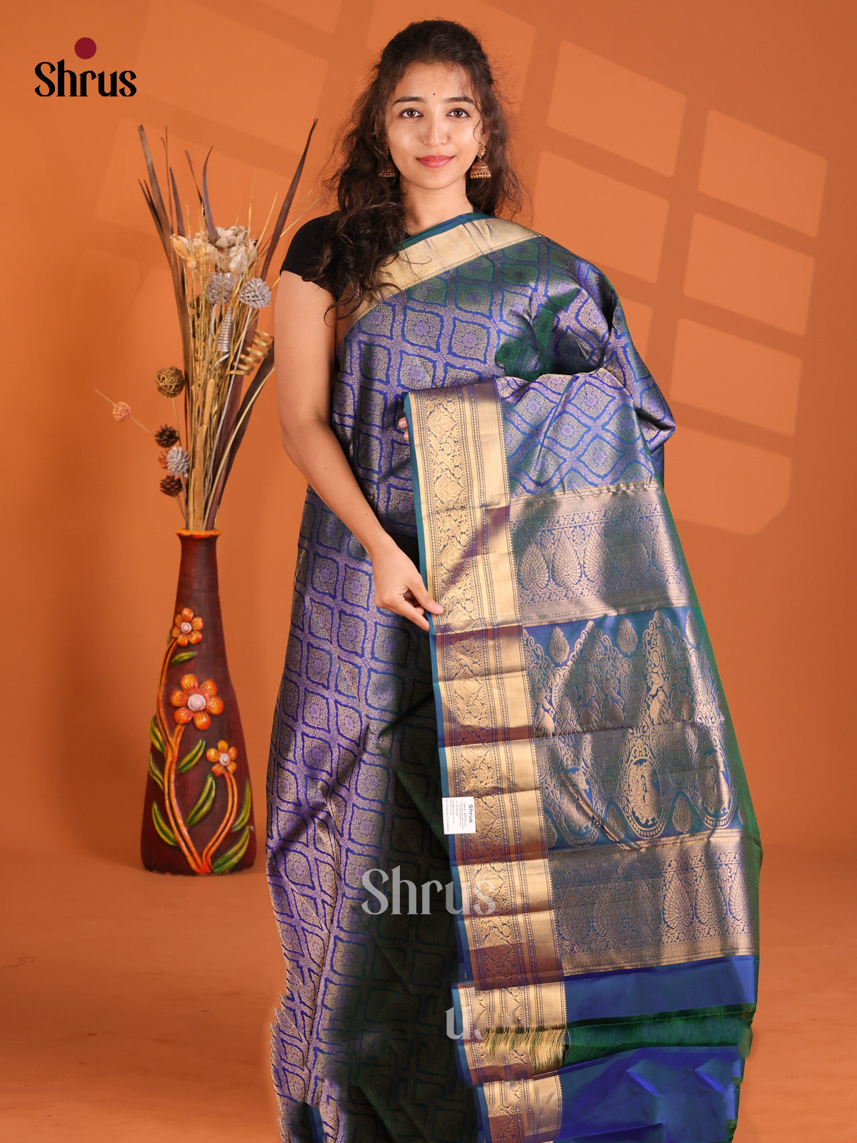 Majestic Blue Kanchipuram silk Saree with zari floral brocade-1