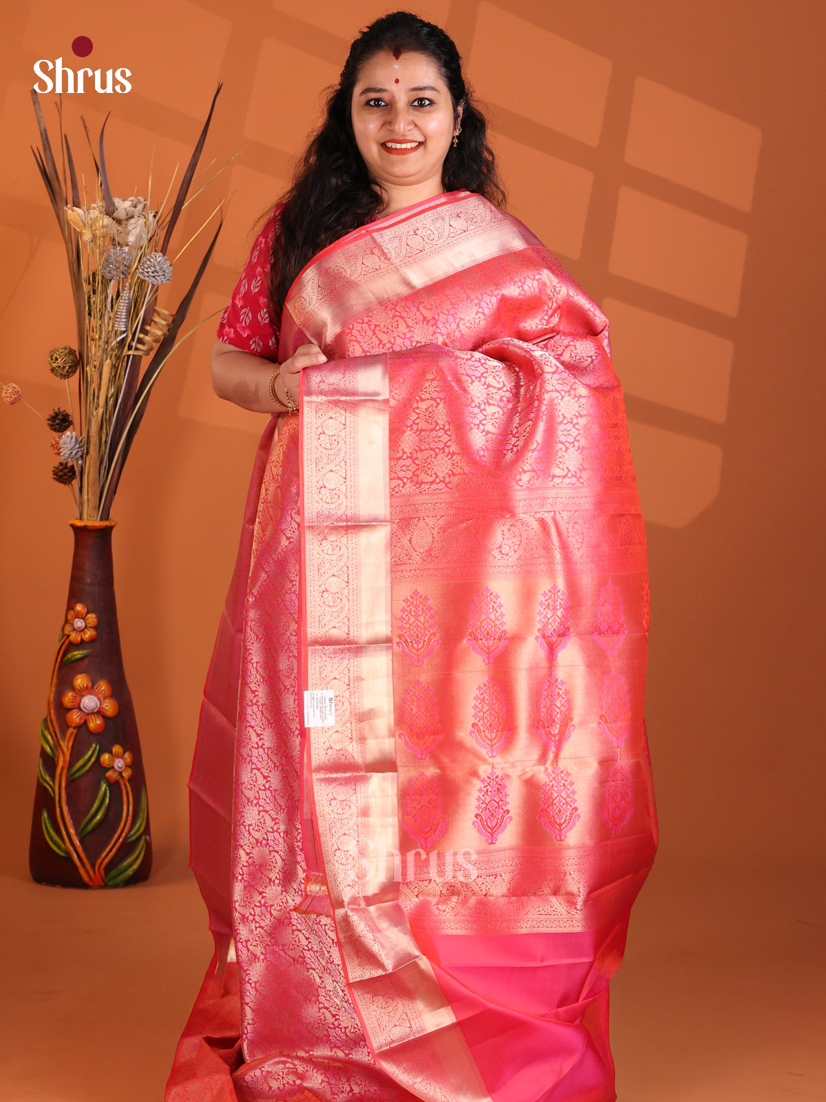 Orangish Pink Single Tone Kanchipuram silk Saree with zari floral brocade-1
