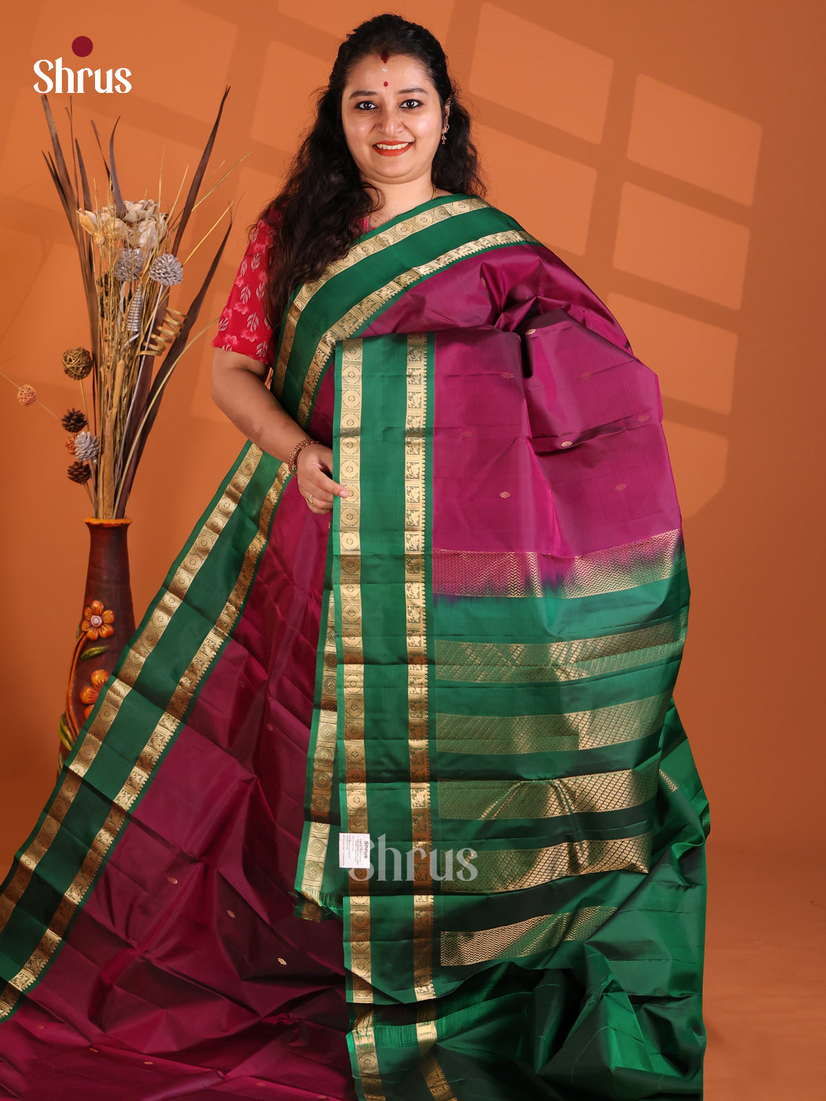 Purple & Green Kanchipuram silk Saree with contrast rettaipet zari border-1