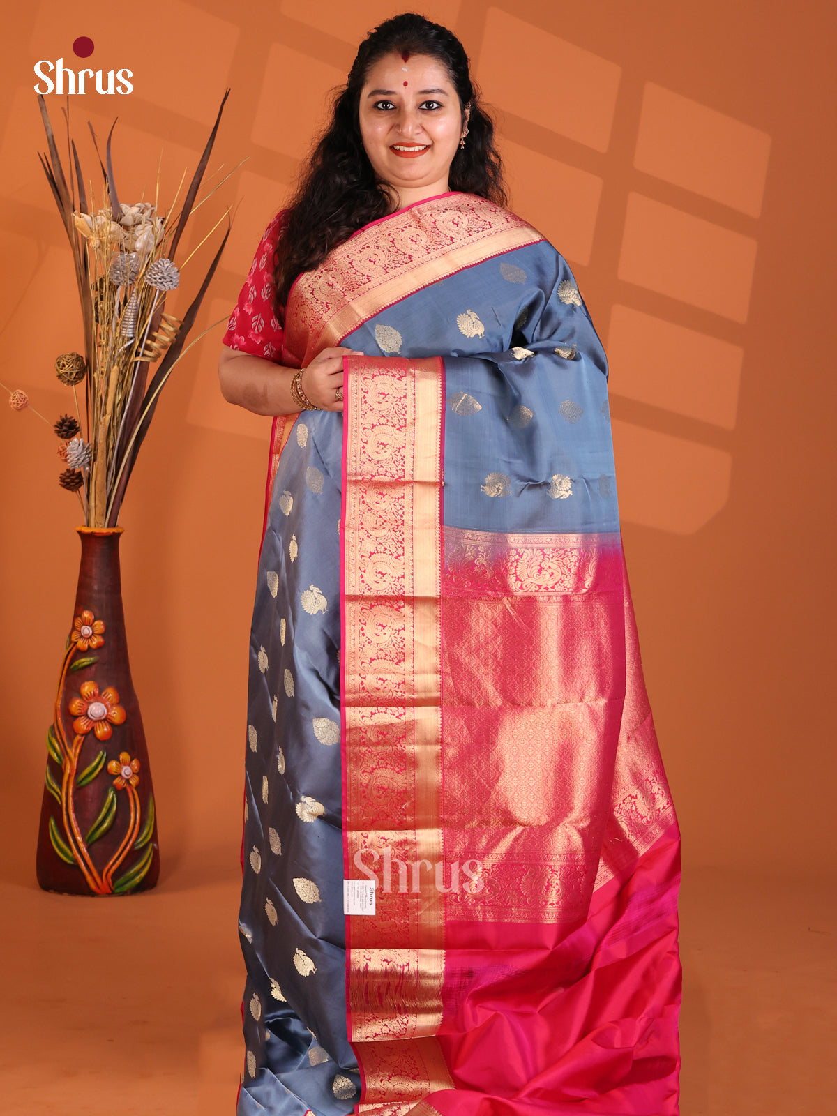Classy Grey Kanchipuram silk Saree with zari peacock buttas-1