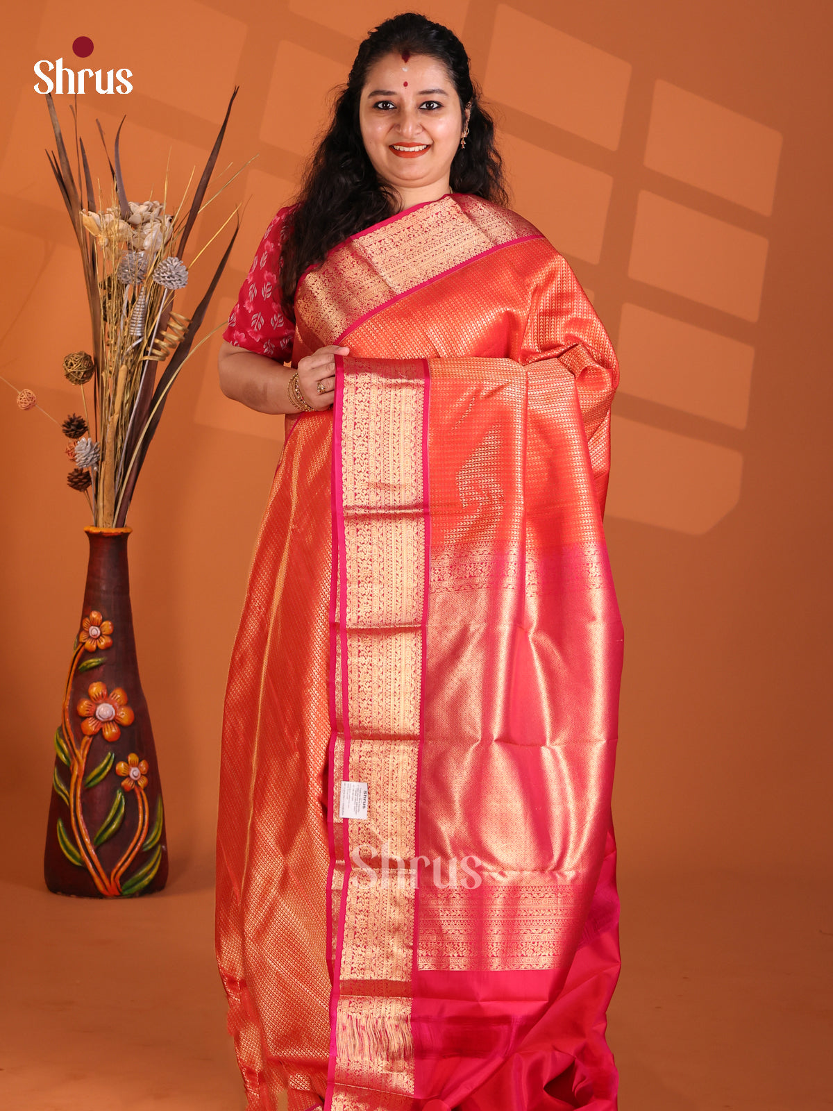 Radiant Orange Kanchipuram silk Saree with zari checks & contrast Border-1