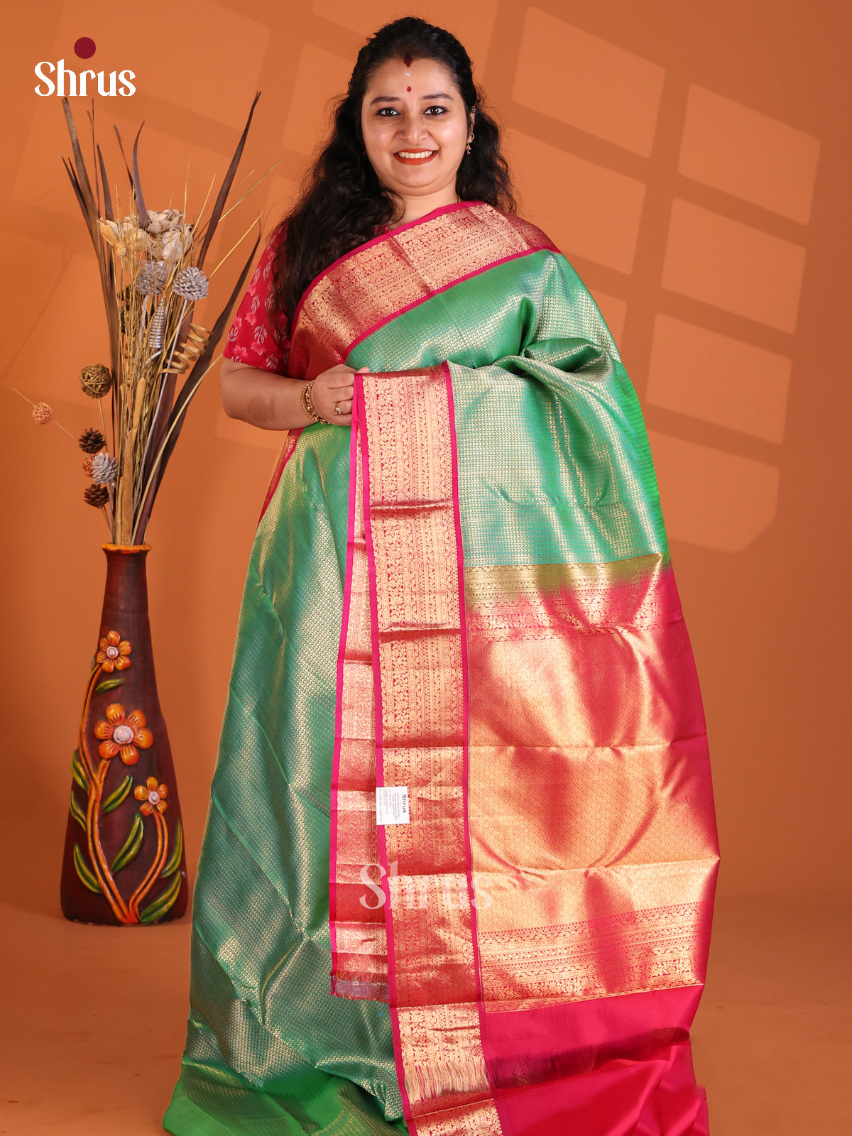 Classy Pastel Green & Red Kanchipuram silk Saree with zari brocade-1