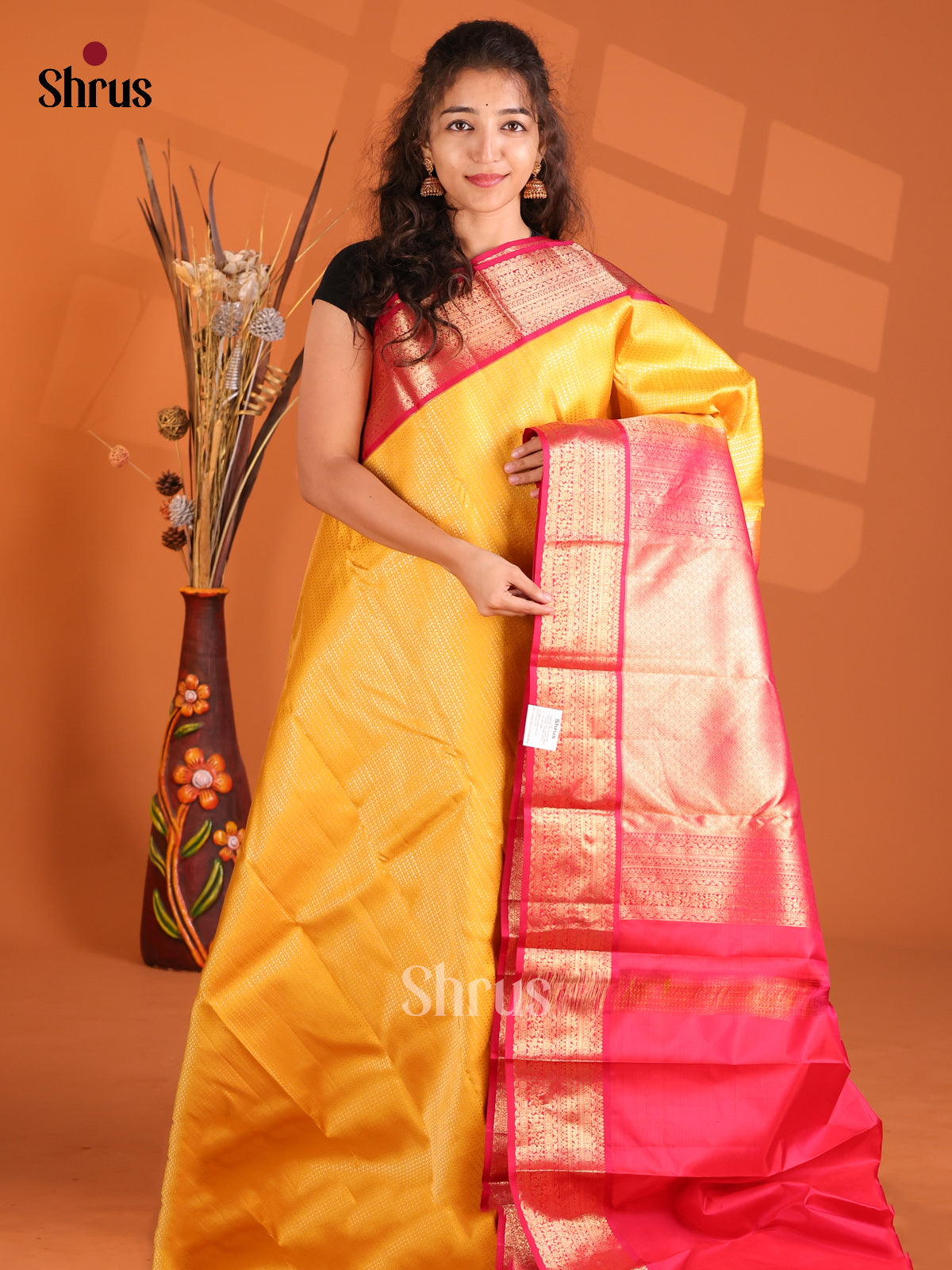 Glorious Yellow Kanchipuram silk Saree with zari brocade & rich traditional zari border-1
