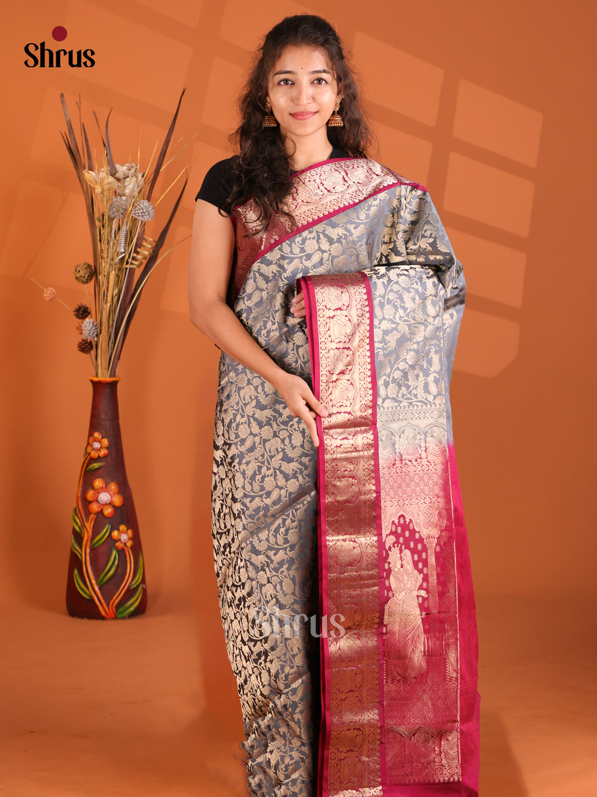 Classic Grey & Maroon Vanasingaram zari brocade Soft Silk Saree