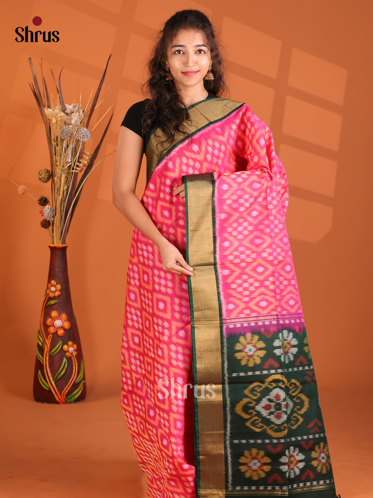 Pink & Green - Pochampally sico Saree - Shop on Shrus.com