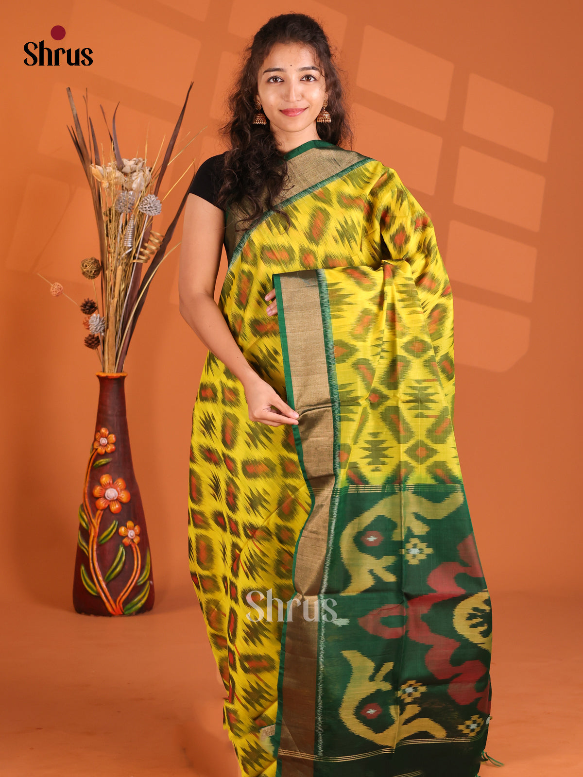 Yellow & Green - Pochampally ikkat silk cotton Saree
