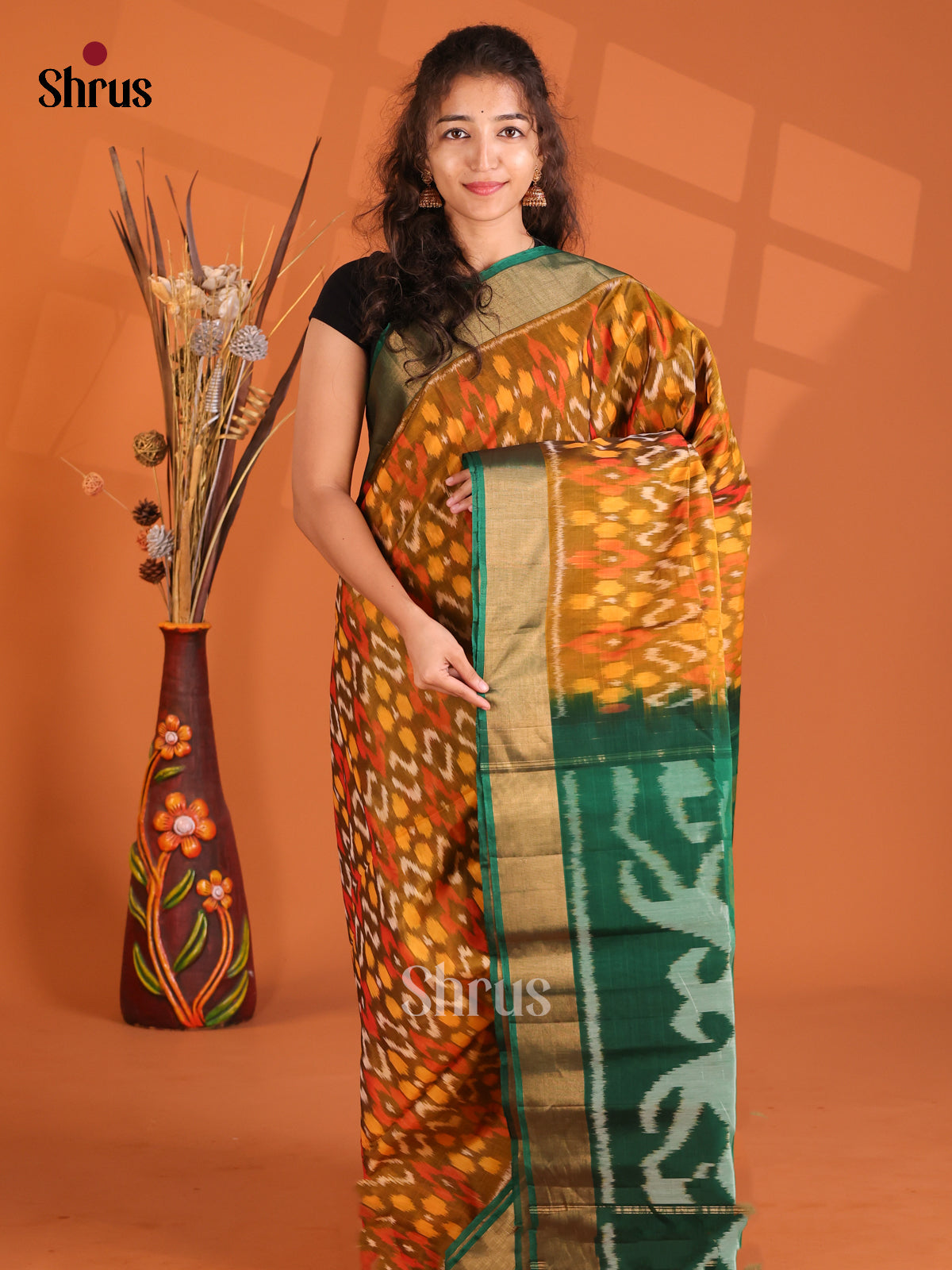 Mustard & Green Pochampally ikkat silk cotton Saree