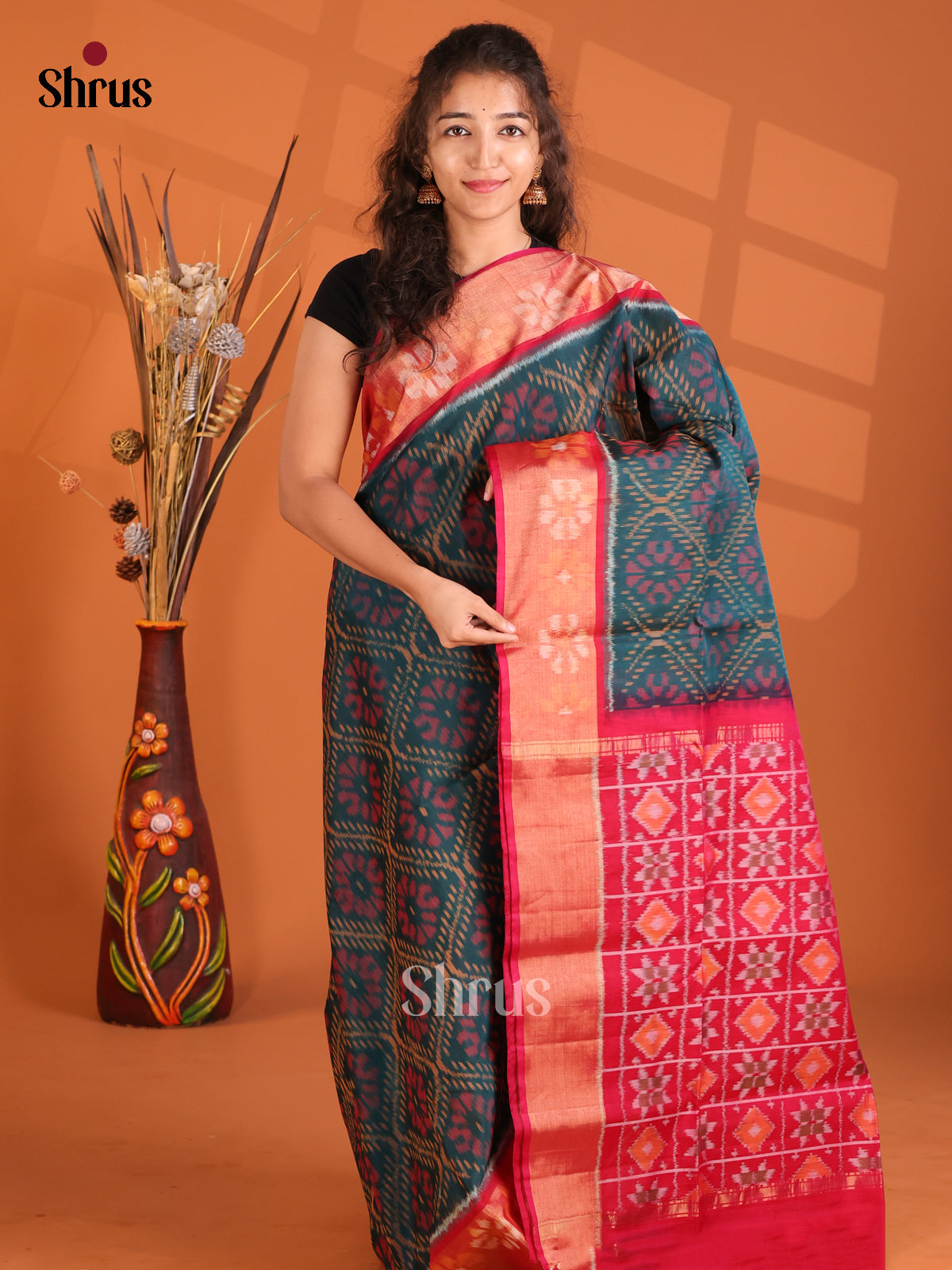 Peacock Green & Red - Pochampally sico Saree - Shop on Shrus.com