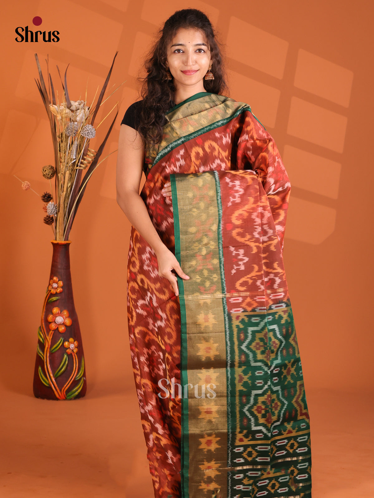 Brown & Green - Pochampally ikkat silk cotton Saree