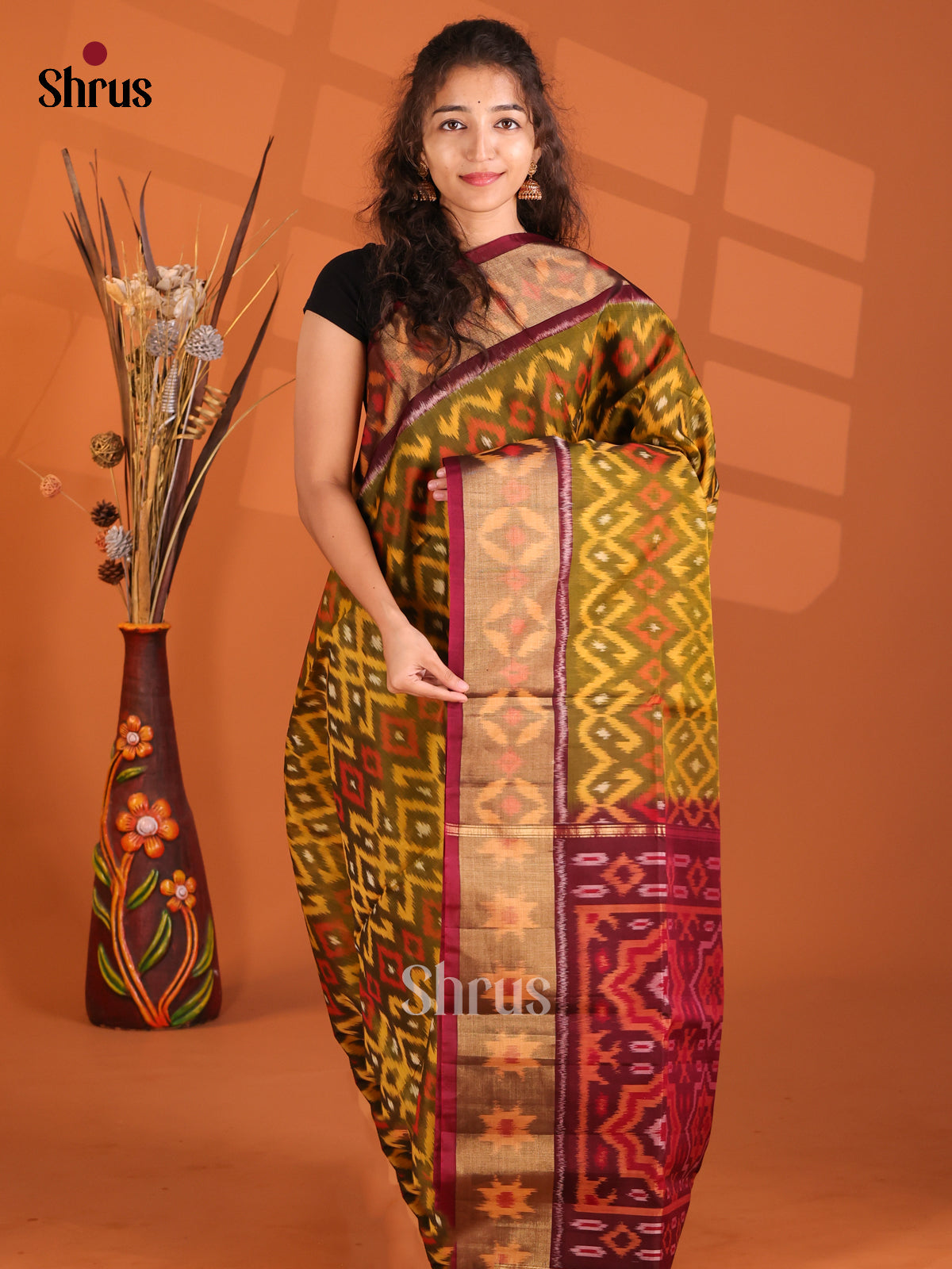 Mehandi Green & Maroon - Pochampally sico Saree - Shop on Shrus.com